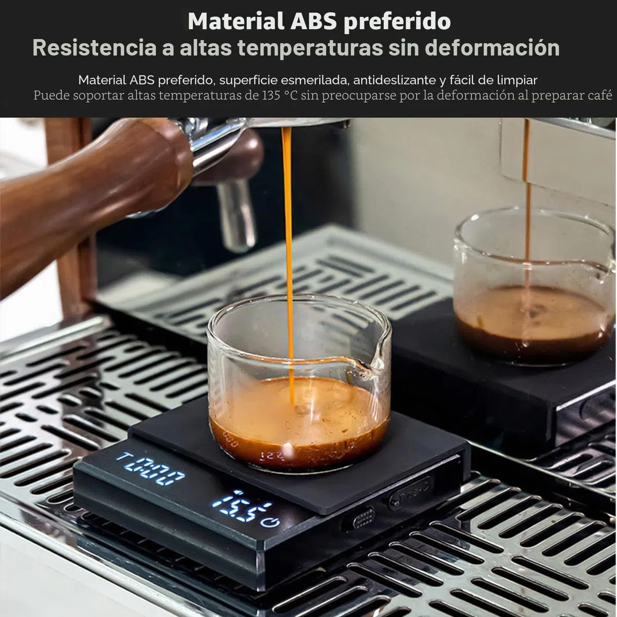 QUMOX Báscula de Café Digital Negra con Temporizador, Modos Inteligentes para Espresso y Pour-Over, Recargable por USB-C, Alta Precisión, Alfombrilla de Silicona Gris Resistente al Calor