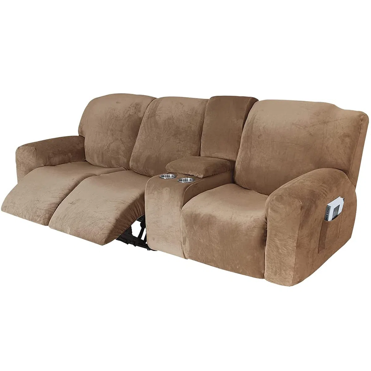 Funda reclinable elástica de Terciopelo con Consola - Tela Lavable Suave y Gruesa - Color Arena de 2 a 3 plazas - ¡Proteja su sofá reclinable con Esta Funda reclinable Premium contra el Desgaste Dia