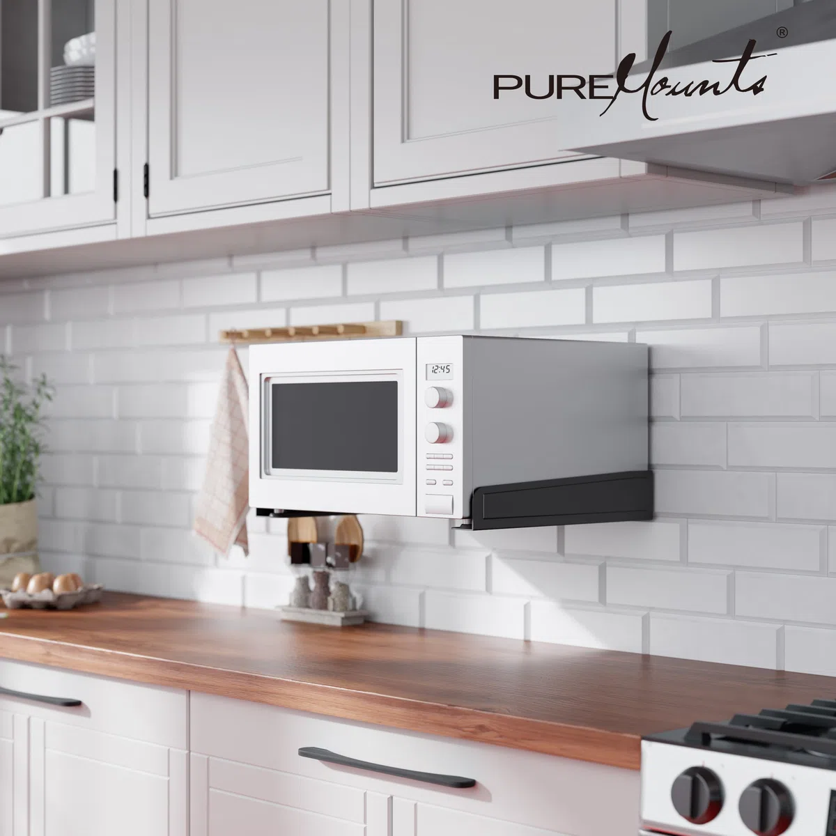 PureMounts soporte para microondas, soporte de pared, soporte universal para microondas y hornos de hasta 30 kg, soporte para microondas de pared, negro