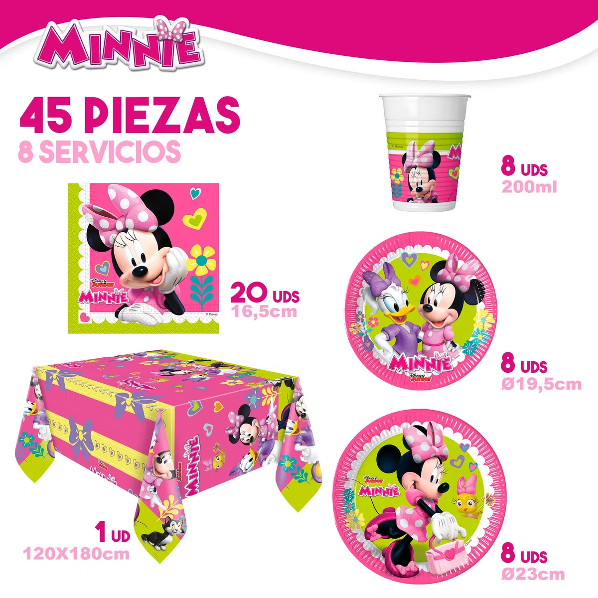 Disney - Set de fiesta Minnie Mouse, Decoración cumpleaños Minnie Mouse, Kit fiesta de cumpleaños, Vajilla infantil desechable, (globos, platos, banderines, vasos, servilletas), 8 comensales, (71994)