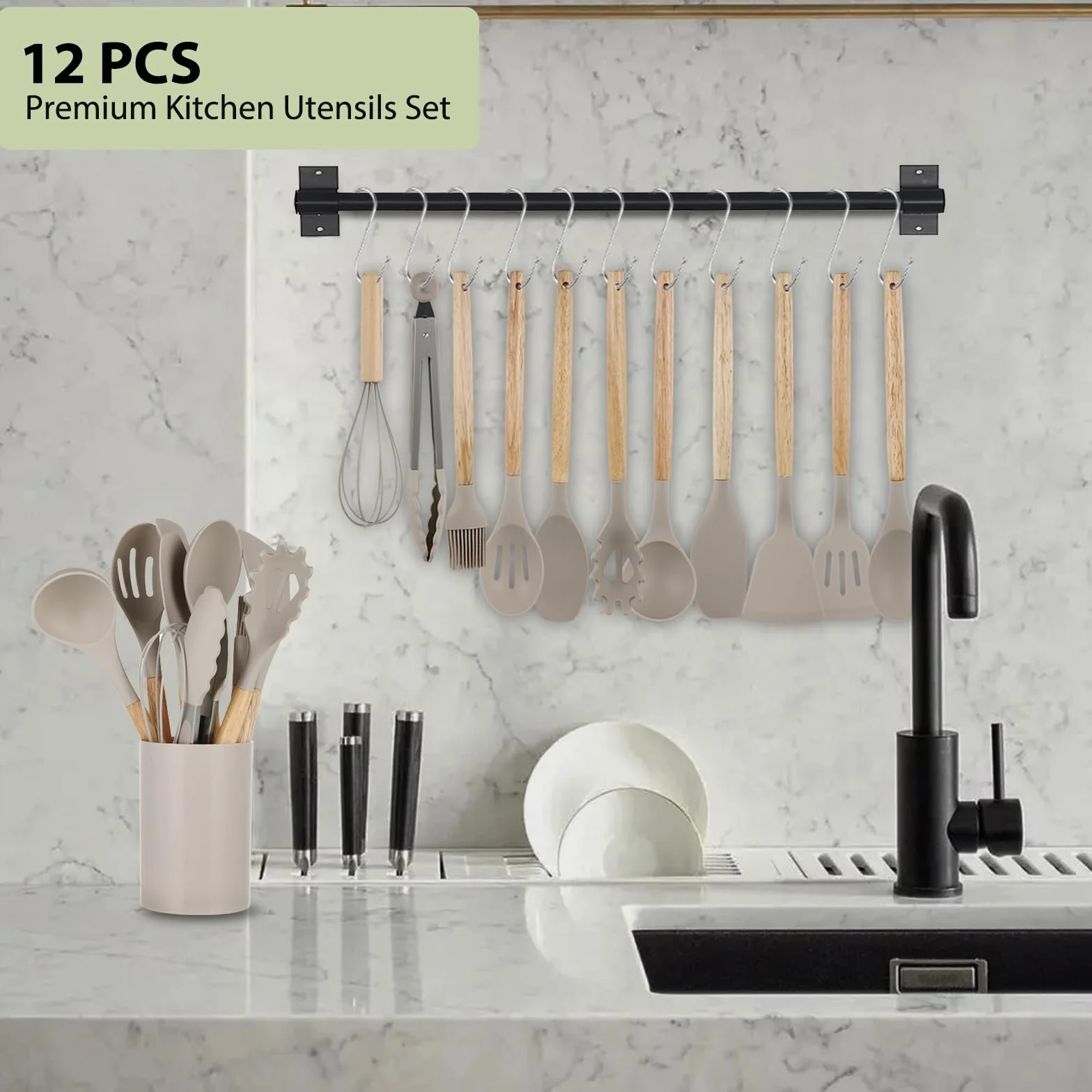 Juego de Utensilios de Cocina - Set de 12 Piezas de Silicona con Caja de Cubiertos y Mango de Madera - Resistente al Calor, Antiadherente y Apto para Lavavajillas - Utensilios de Cocina (Caqui)