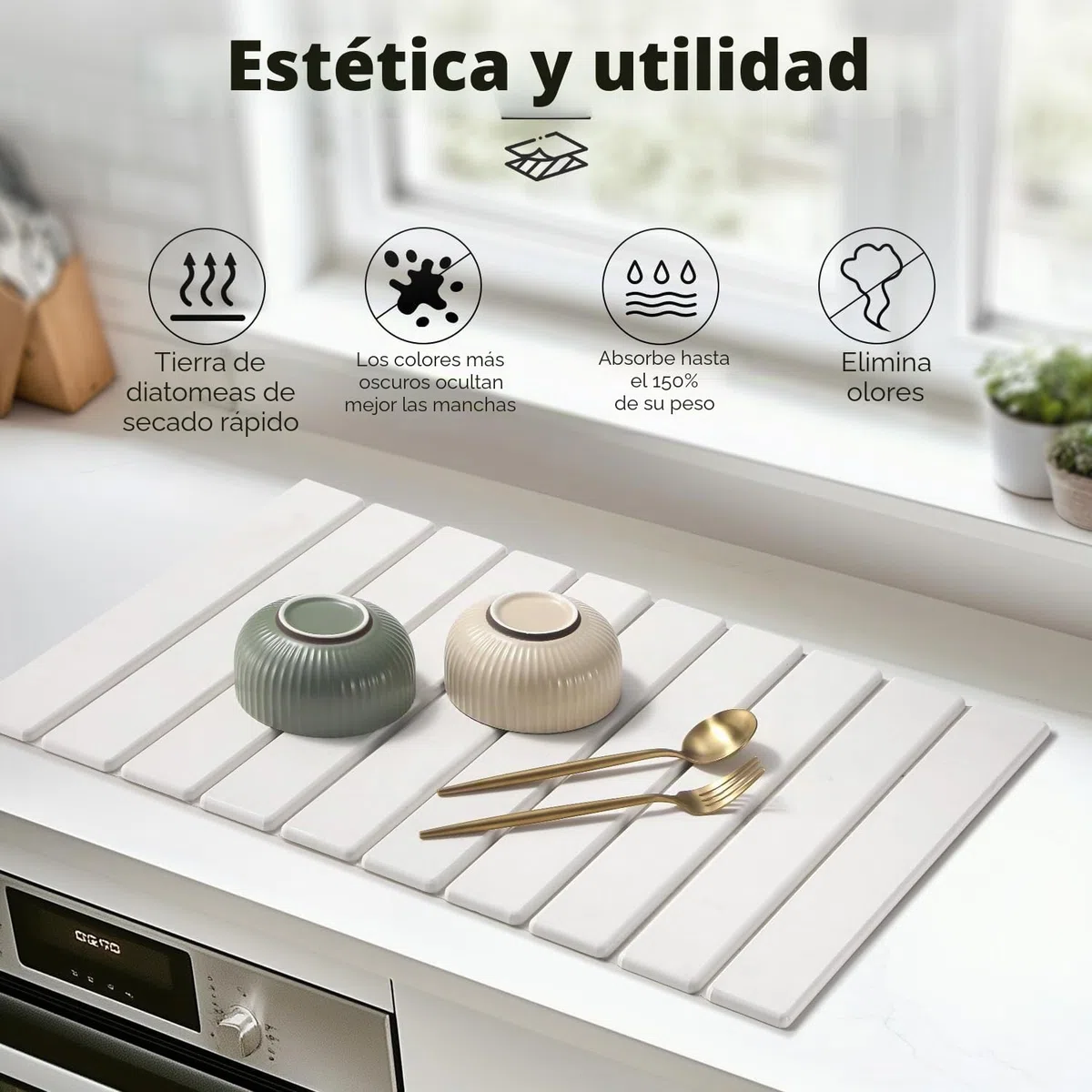 Alfombrilla de goteo para platos, 60 x 40 cm, alfombrilla de tierra de diatomeas que absorbe el agua, para cocina, plegable, para fregadero, cafetera, de secado rápido, para vajilla y tazas (blanco,
