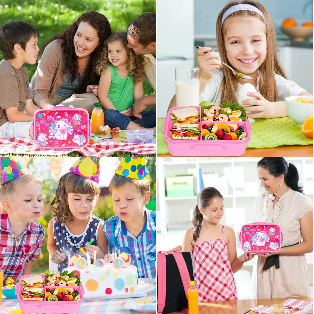 PinkSheep Loncheras Bento para niños, 1200 ml, sin BPA, a prueba de fugas, con 3 compartimentos para niños y niñas (gato)