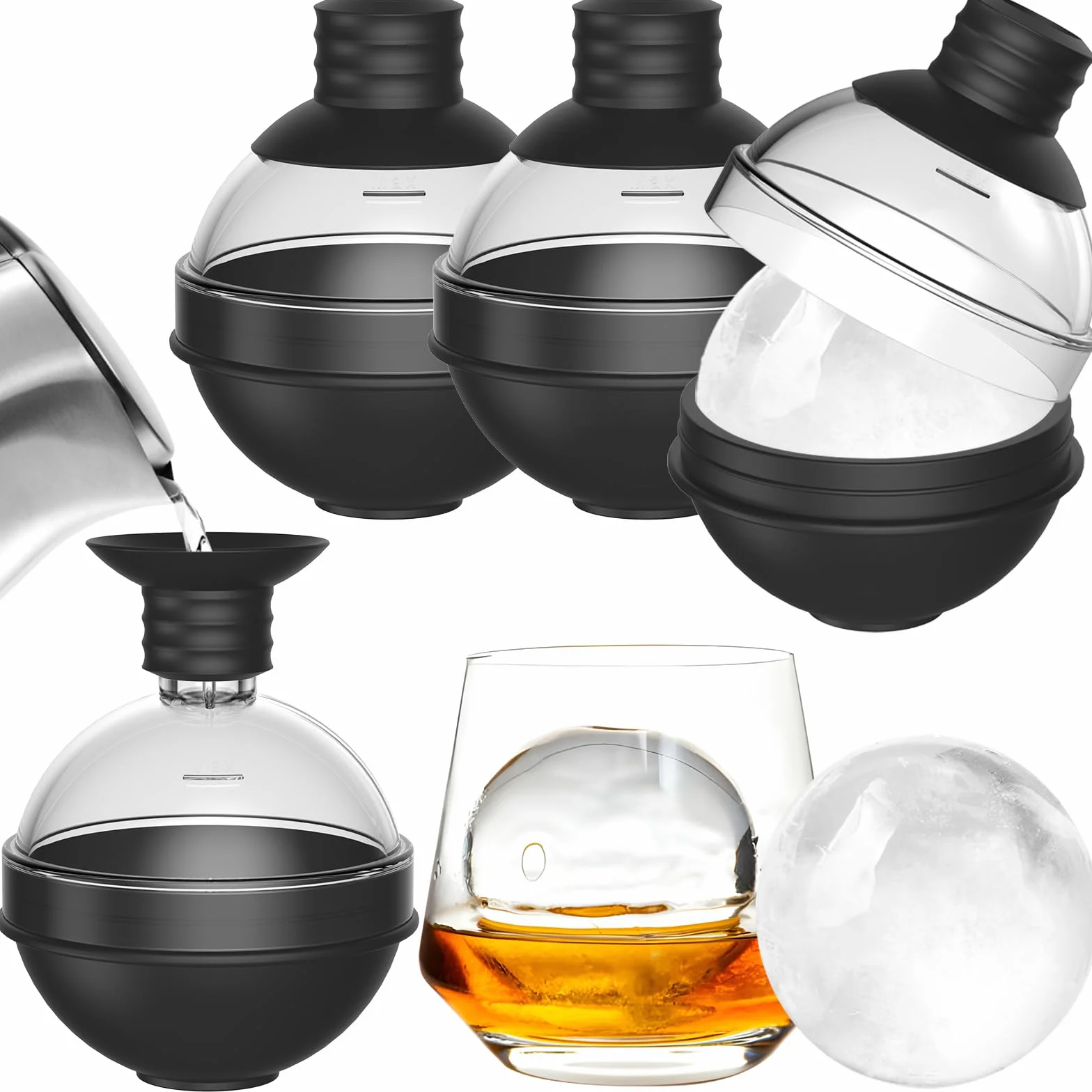 Cubiteras para hielo grande de silicona para whisky - Set de 4 con tapa de embudo 2 en 1 - Moldes de cubitos de hielo redondos de 6cm para cócteles de bourbon - Liberación fácil - Large ice cube tray
