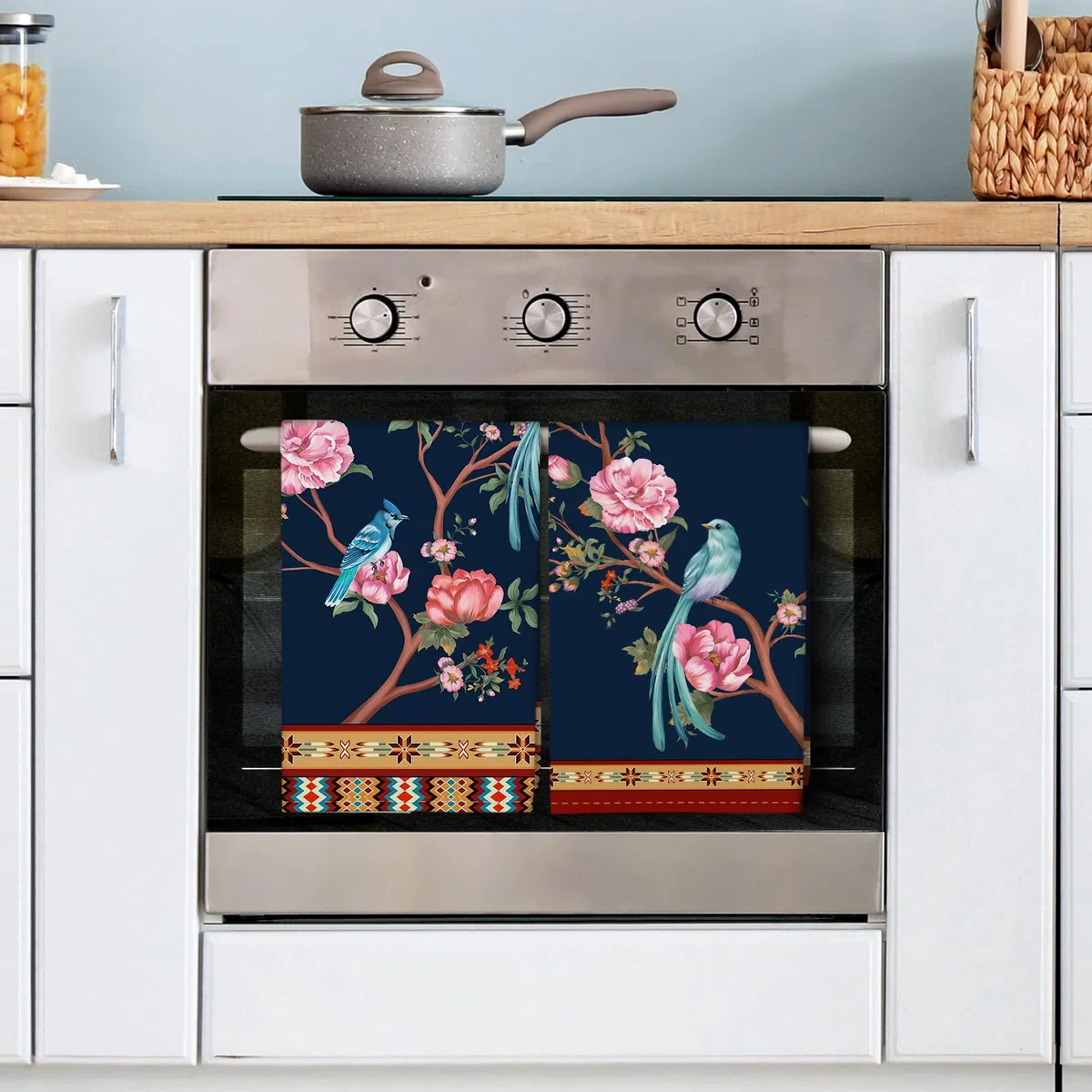 Paños y Toallas de Cocina Algodón Set de 4 - 100% Algodón, Suaves y Absorbentes para Plato, Té y Barra - 48 x 70CM Flores y Pájaros Retros