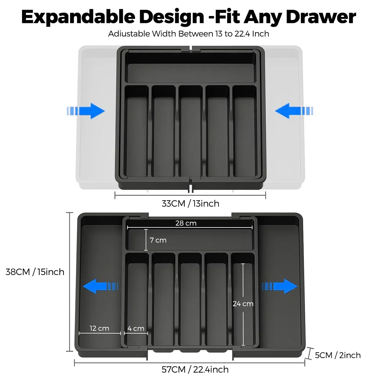 HIYAA Bandeja de utensilios extensible para cajón, organizador de cajones para cocina, soporte de almacenamiento de plástico para cubiertos, cucharas, tenedores, etc,negro