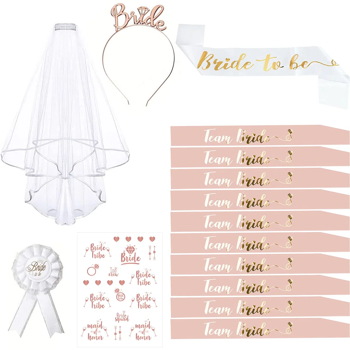 Despedida de Soltera Accesorios, 15PCS Novia to Be y Team Bride Fajas Set con 10 Team Bride Fajas, 1 Novia Faja, Velo, Diadema Tiara, Tatuajes, Insignia, Complementos Despedida de Soltera