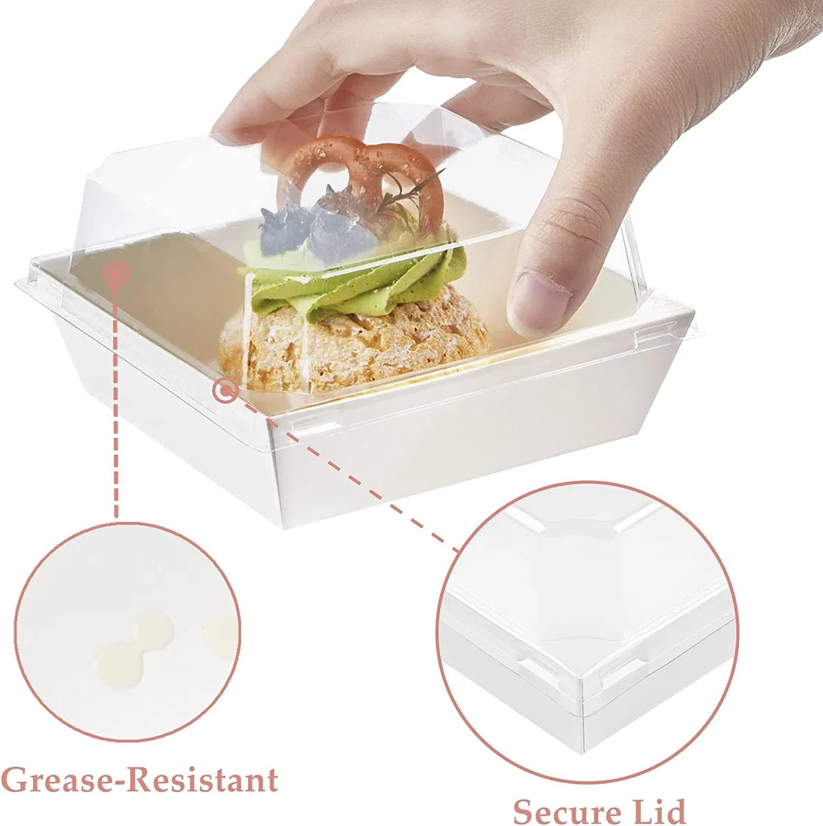 LATERN 50 Piezas Cajas para Rebanadas de Pastel con Tapas Transparentes, 12CM Papel a Prueba de Aceite Cajas de Postres Cupcakes Cajas para Llevar para Galletas Sándwich Macarrón Panadería (Blanco)