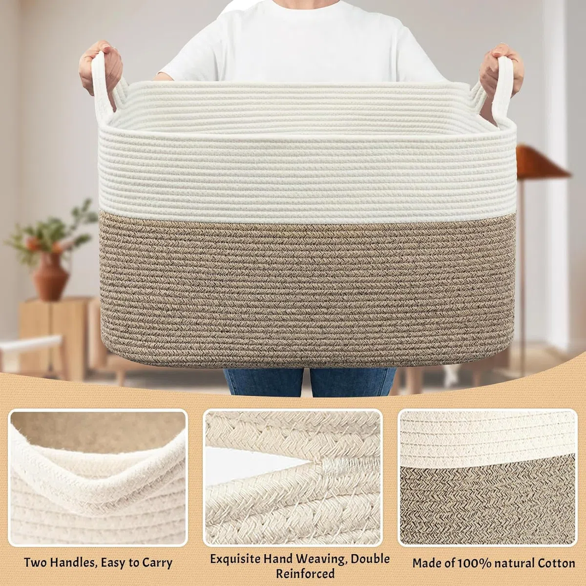 Cesto Ropa Sucia Trenzado de Algodón, 63L Cesto Colada con Asa, D55 x H30 CM Plegable Cestas de Lavandería, Cesta de Almacenamiento Grande, para Lavadero Habitación Infantil Salon Bañ(Marrón)