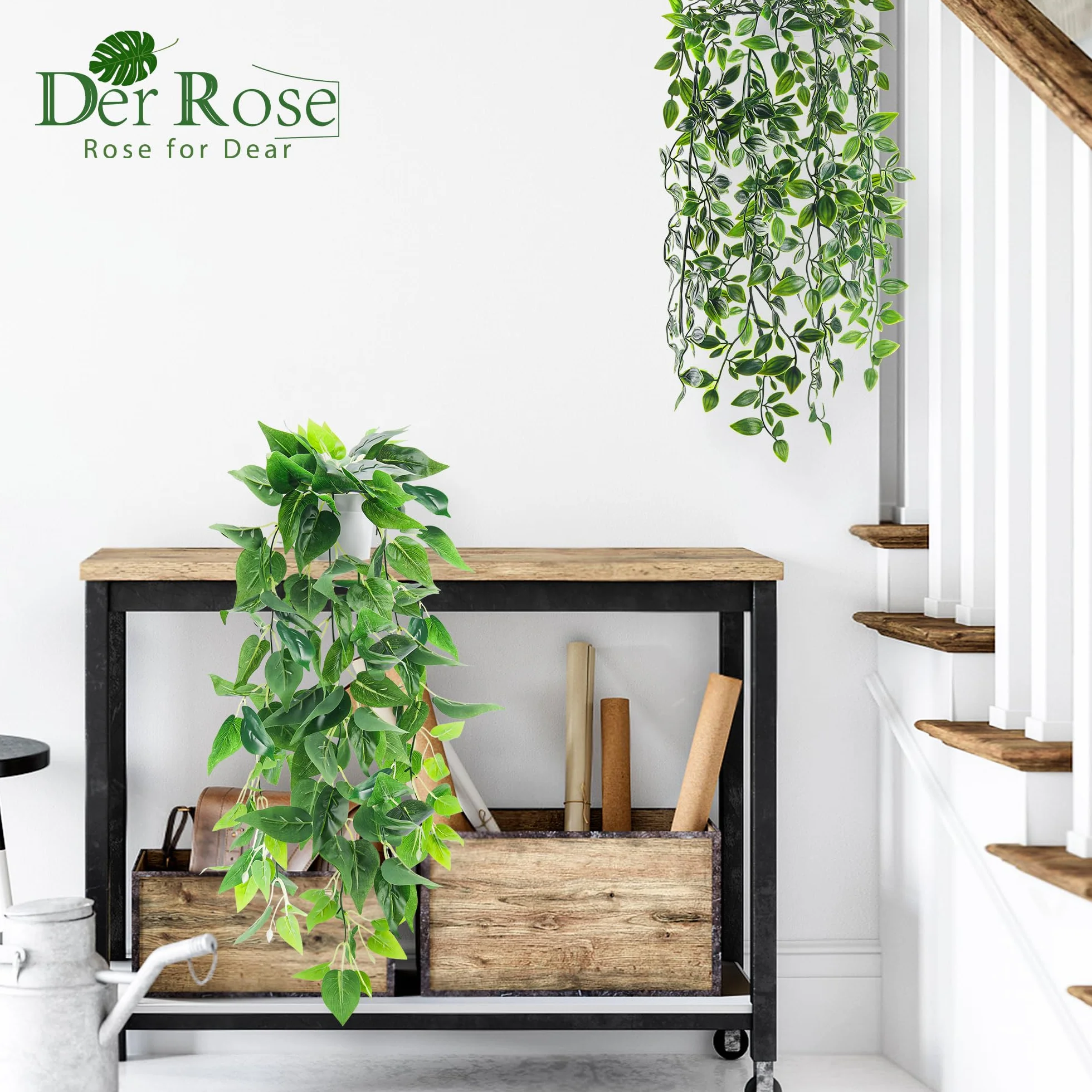 Der Rose 2 piezas de plantas falsas artificiales en maceta colgantes imitación de hiedra para interiores para decoración de baño, estante, pared, estantería