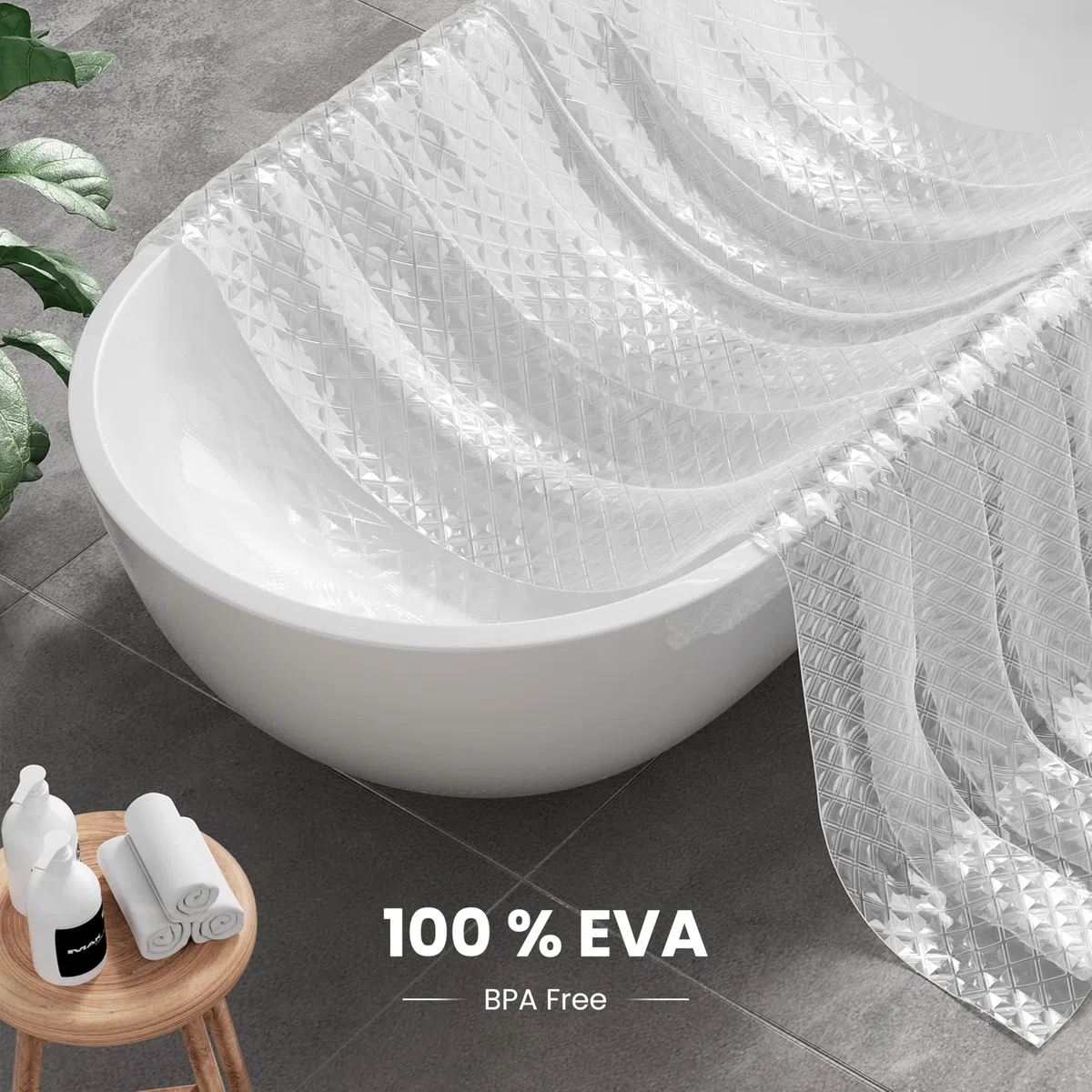 ecooe Cortina de Ducha Transparente 3D Rómbico 180 x 200 cm, Cortinas de Baño EVA Antimoho, Cortina Ducha Impermeable con 12 Anillos, Cortina Bañera para Ducha o bañera