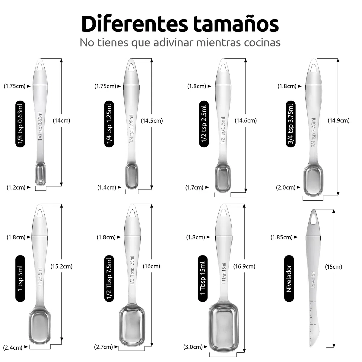 U-Taste Cucharas medidoras de acero inoxidable 18/8, cucharadita cuadrada de metal con nivelador para ingredientes secos o líquidos, cabe en tarro de especias (juego de 8, Plata)