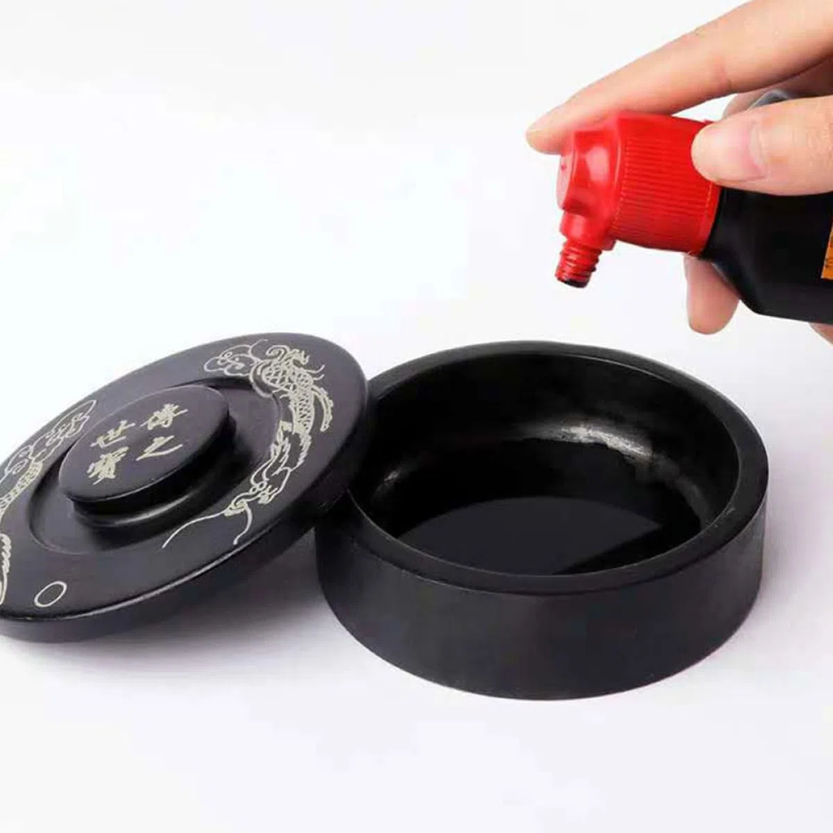 Tofficu Piedra de Tinta Tradicional Recipiente de Tinta Redonda con Tapa y Accesorio para Escritorio Piedra para Caligrafía y Pintura