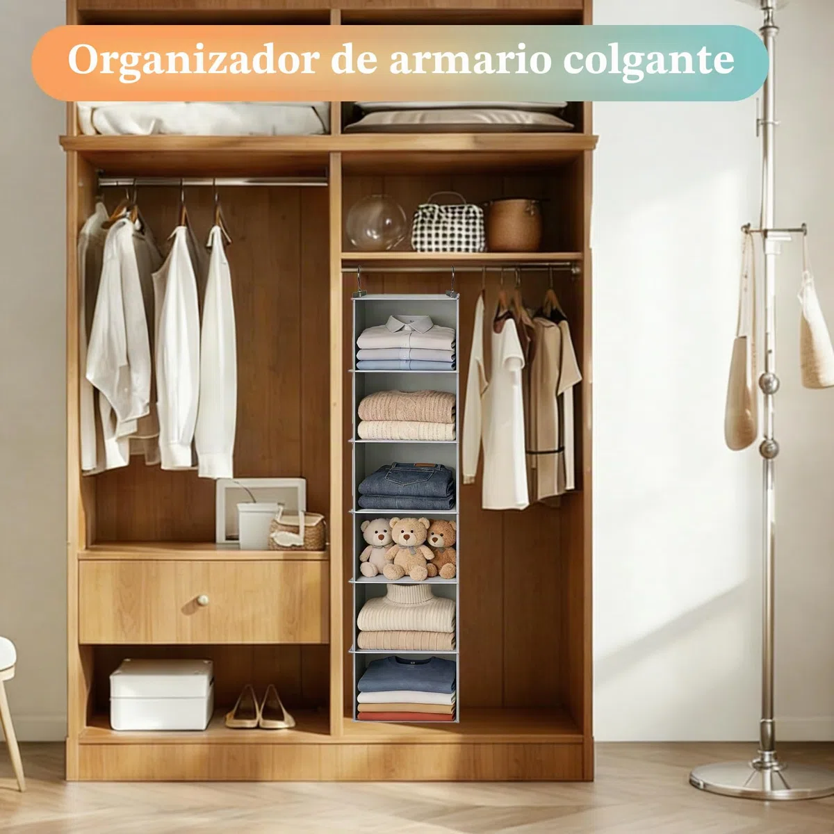 JSMTKJ Organizador Armario, Organizador Colgante 6 Compartimentos Plegables para Ahorro de Espacio, Ganchos de Metal Reforzados para Armario o Dormitorio