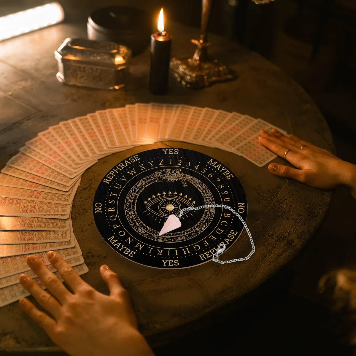 AHANDMAKER Juego de tablero de péndulo, tablero de madera para adivinación, tablero de mensajes metafísicos con collar de péndulo de cristal para brujería, kit de suministros de altar wiccano,