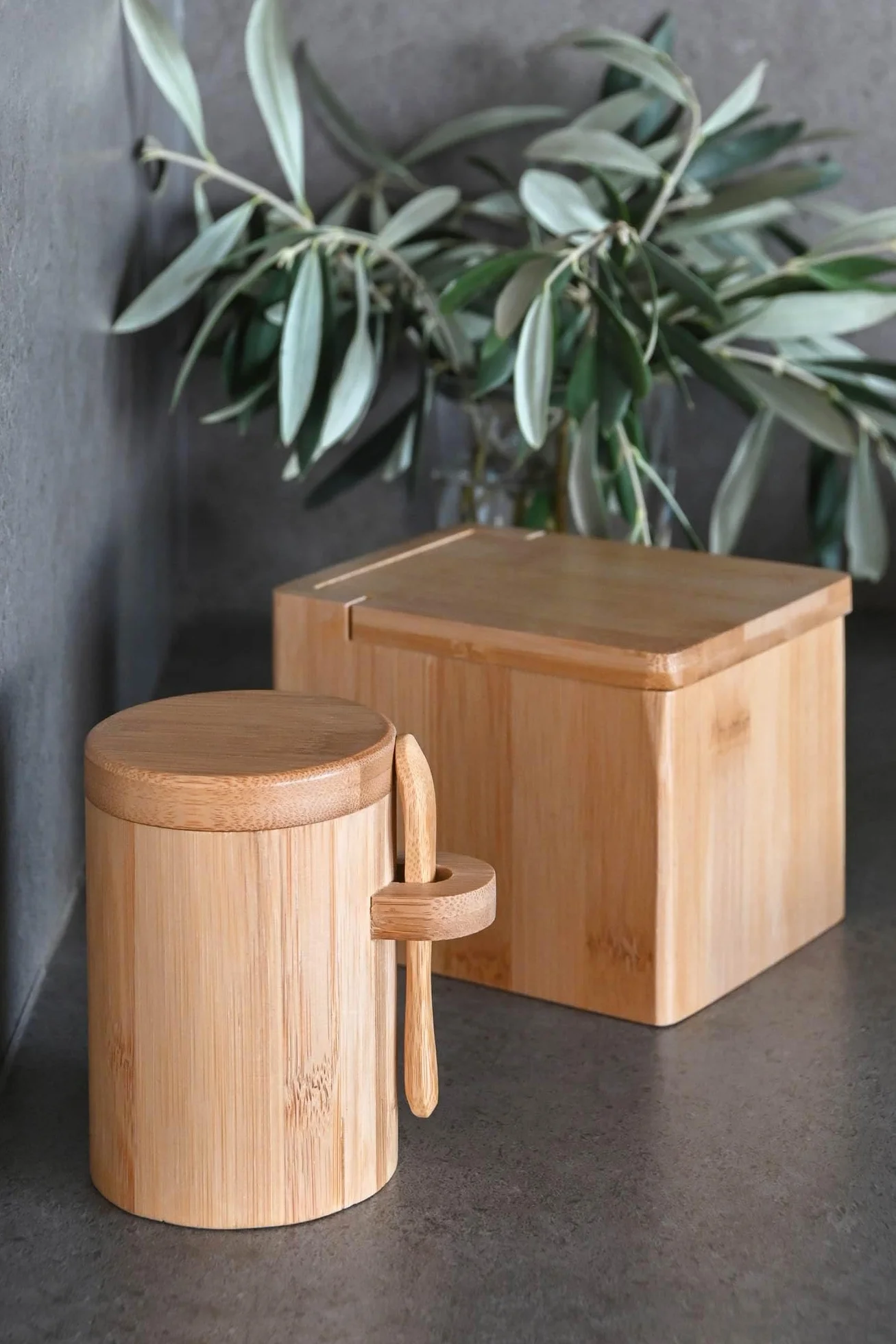 RusticHome Salero para Cocina Bambú Con Tapadera Abatible/Salero con Tapadera de Bambú/Cuenco para La Sal y Sal Gorda/Tarro Para La Hecho de 10CM X 13CM X 10CM Natural
