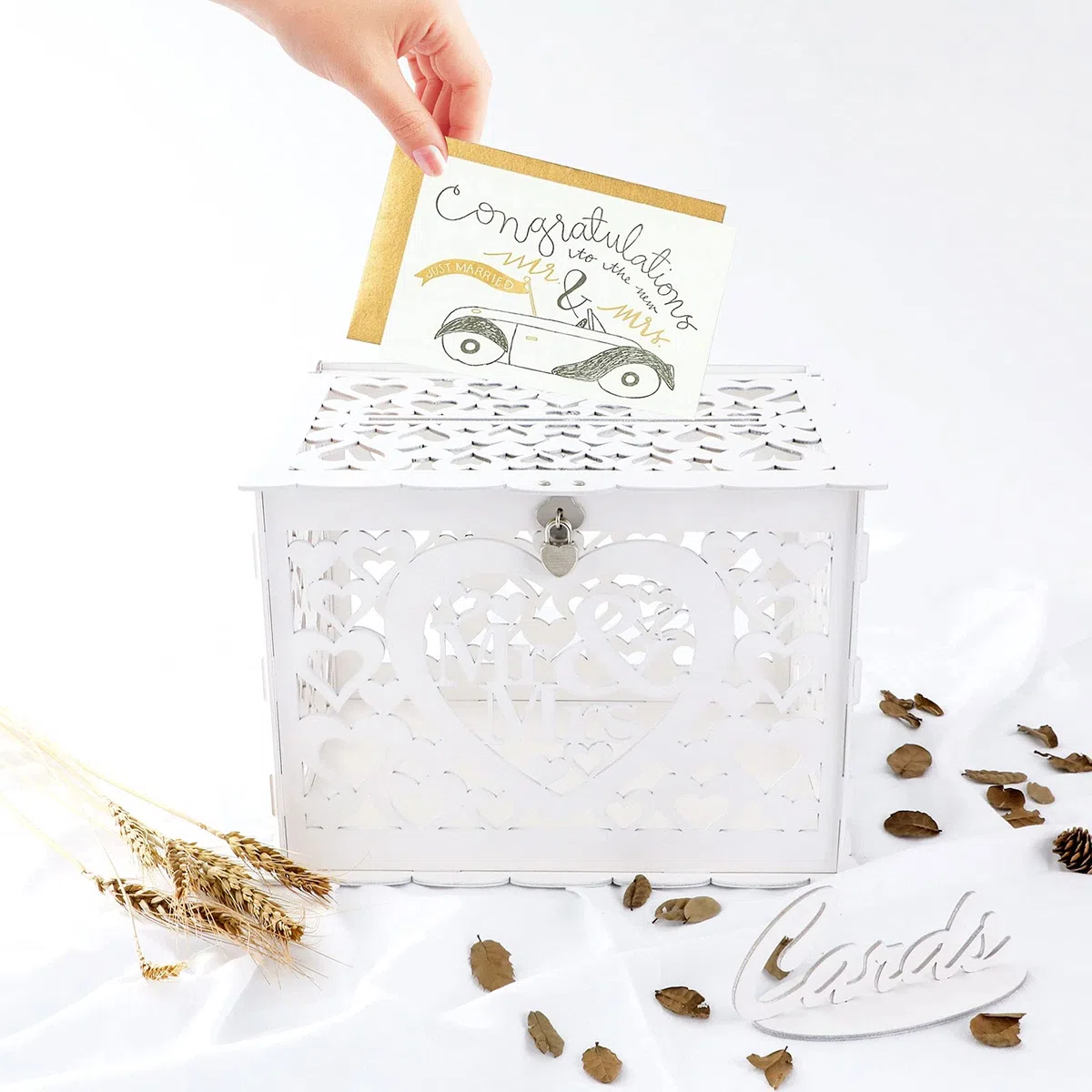 Benjia Caja para Tarjetas de Regalo de Boda, Hueca Caja de Tarjetas de Madera con Cerradura y Ranura para Tarjetas de Dinero Caja de Sobres para Boda Cumpleaños Aniversario Agradecimiento (Blanco)