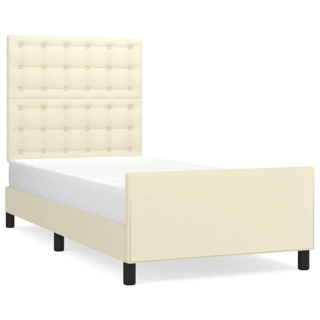Estructura de cama con cabecero de 90 x 190 cm, de piel sintética, altura ajustable y estable, con láminas de madera contrachapada, para un sueño reparador, color crema