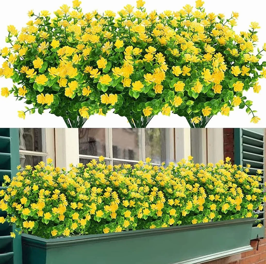 8 Piezas Flores Artificiales Flor Falsas Arbustos Verdes Balcón Resistentes a los Rayos UV Plantas para Colgar Verde Plantas Artificiales Eucalipto para Ventanas Bodas Fiestas(Amarillo)