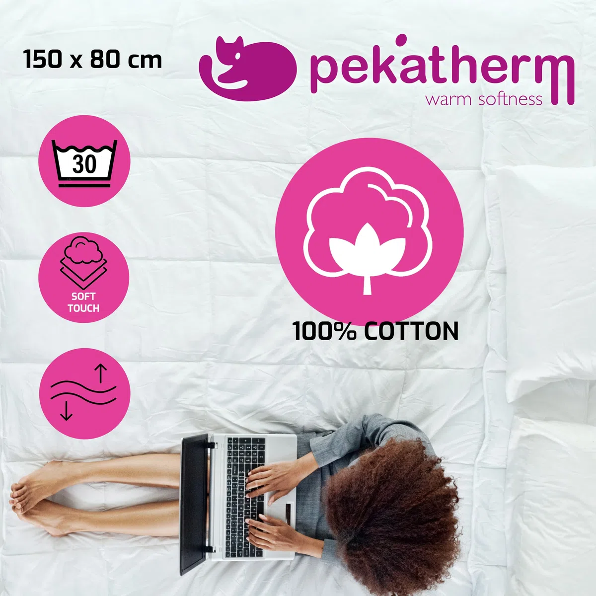 Pekatherm Calientacamas Eléctrico Individual | Tamaño 150 x 80 cm | 4 Niveles Temperatura | Calientacamas Elaborado en Algodón 100% | Manta Eléctrica Cubre Colchones de Altas Prestaciones U110DF