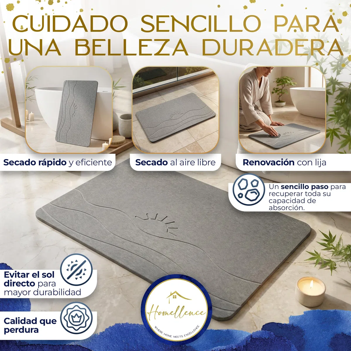 Homellence Alfombra Diatomita Baño 60x39 cm Secado Rápido Antideslizante Higiénica - Alfombrilla Diatomita Antibacteriana Absorbente - Alfombra Baño Piedra - Stone Bath Mat (Solaris Aura)