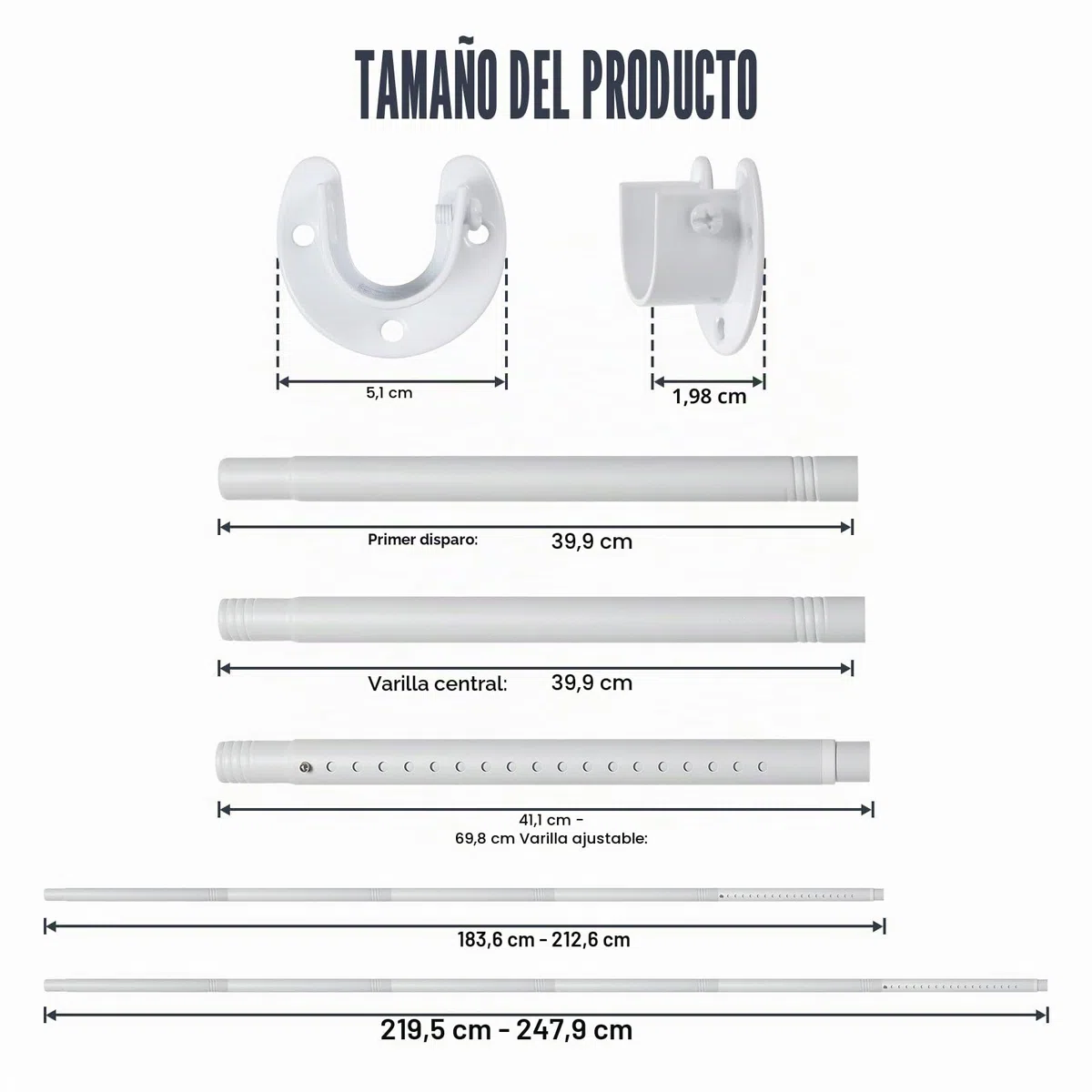 Armario, barra de ropa extraíble de 40-212 cm, barra de armario blanca con 2 unidades de base en U para armarios, lavaderos y autocaravanas