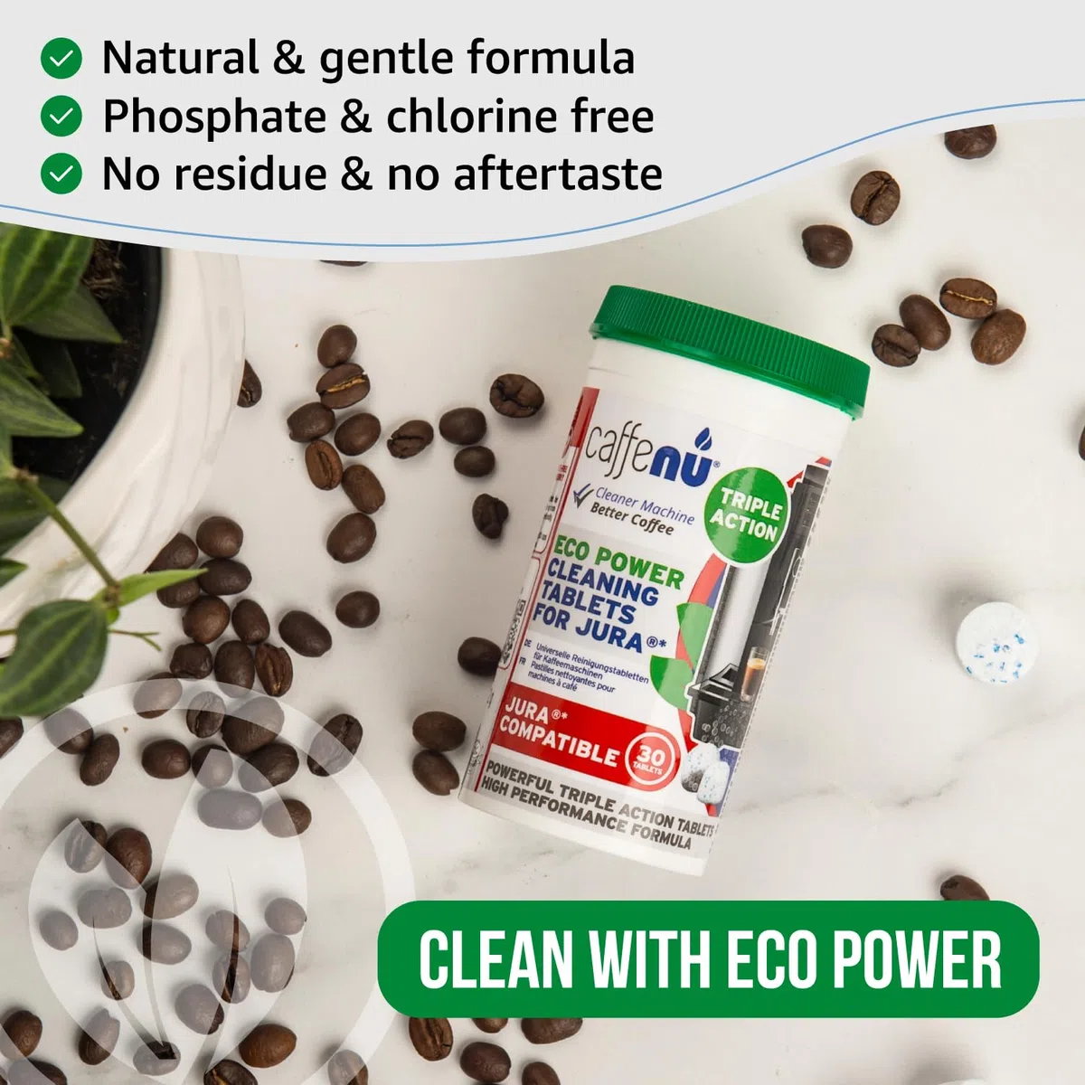 Caffenu Tabletas de limpieza compatibles con Jura. 30 tabletas de limpieza. Pastillas de limpieza de café: limpia partes internas, portafiltro, áreas inaccesibles. Uso en todas las máquinas de café