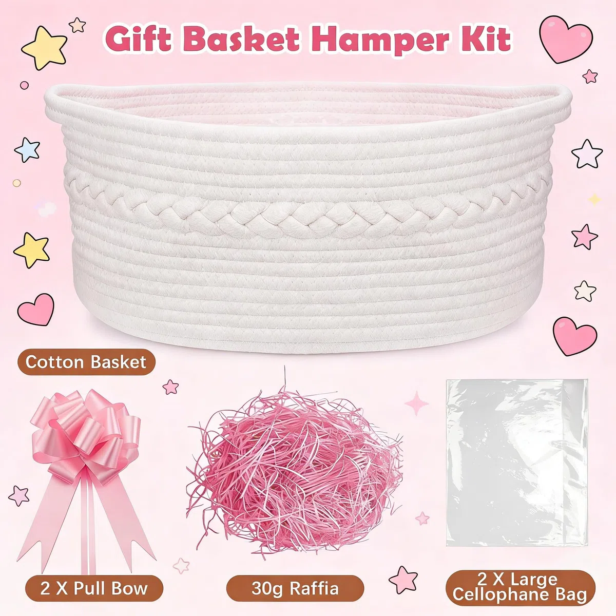 SelfTek Kit de Cesta de Regalo Con Bolsas de Celofán, Rafia y Lazos Tejidos - Cesta de Almacenamiento Vacía Para Baby Shower, Boda, Cumpleaños - 33 x 24 x 15 cm