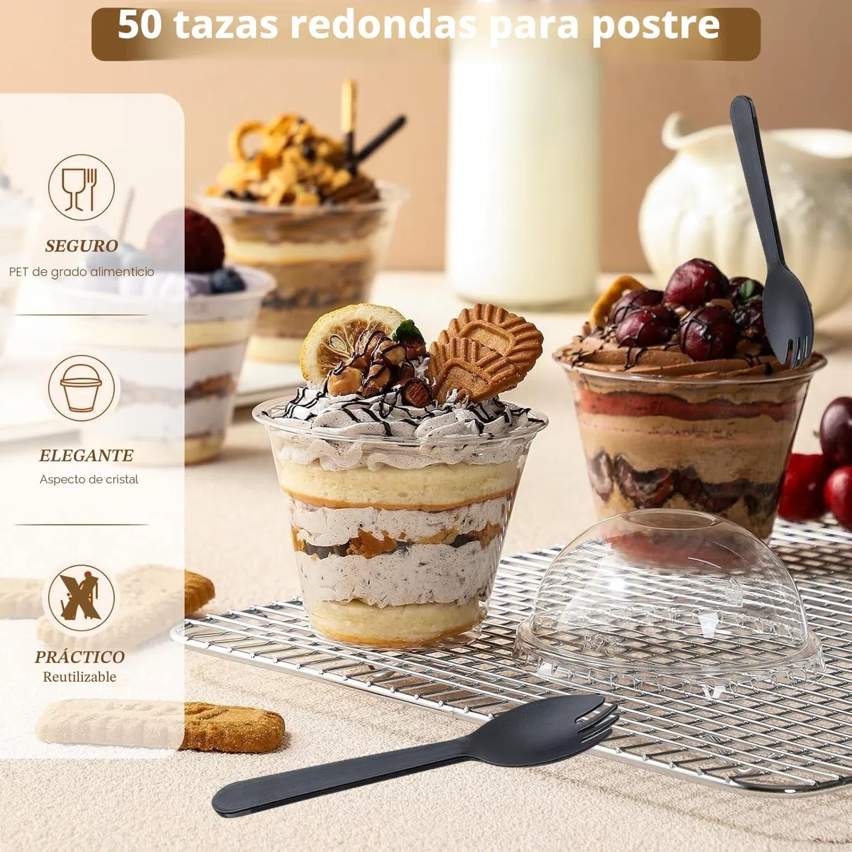 LATERN 50 Piezas Vasos de Postre de Plástico con Cúpula Tapas, 270ml Redondas Tazas de Postre Taza de Aperitivo de Parfait Transparente Tazón para Servir Reutilizable con Tenedores para Pudín Mousse