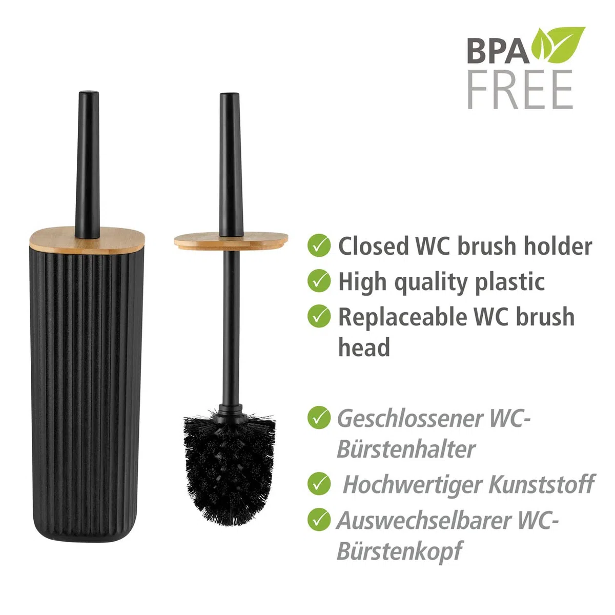WENKO Set para inodoro Rotello, escobillero cerrado de plástico de calidad óptima con tapa de bambú y estructura acanalada, Ø 10 x 36 cm, incluye escobillero, cabezal reemplazable, negro/natural