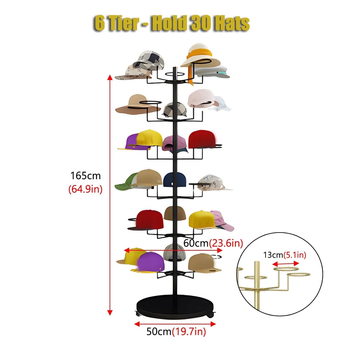 Expositor de Sombreros, Estante de Almacenamiento de Sombreros de 4, 5, 6 y 7 Niveles, Torre de exhibición de Gorras de Metal Independiente con Ruedas giratoria,White-6
