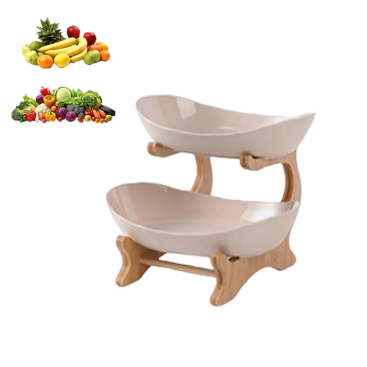 Cesta de frutas de 2 niveles, estante para verduras, cesta de pan, estante de madera de polipropileno, bandeja de servir, cestas de frutas, estante de almacenamiento de verduras para cocina, hogar