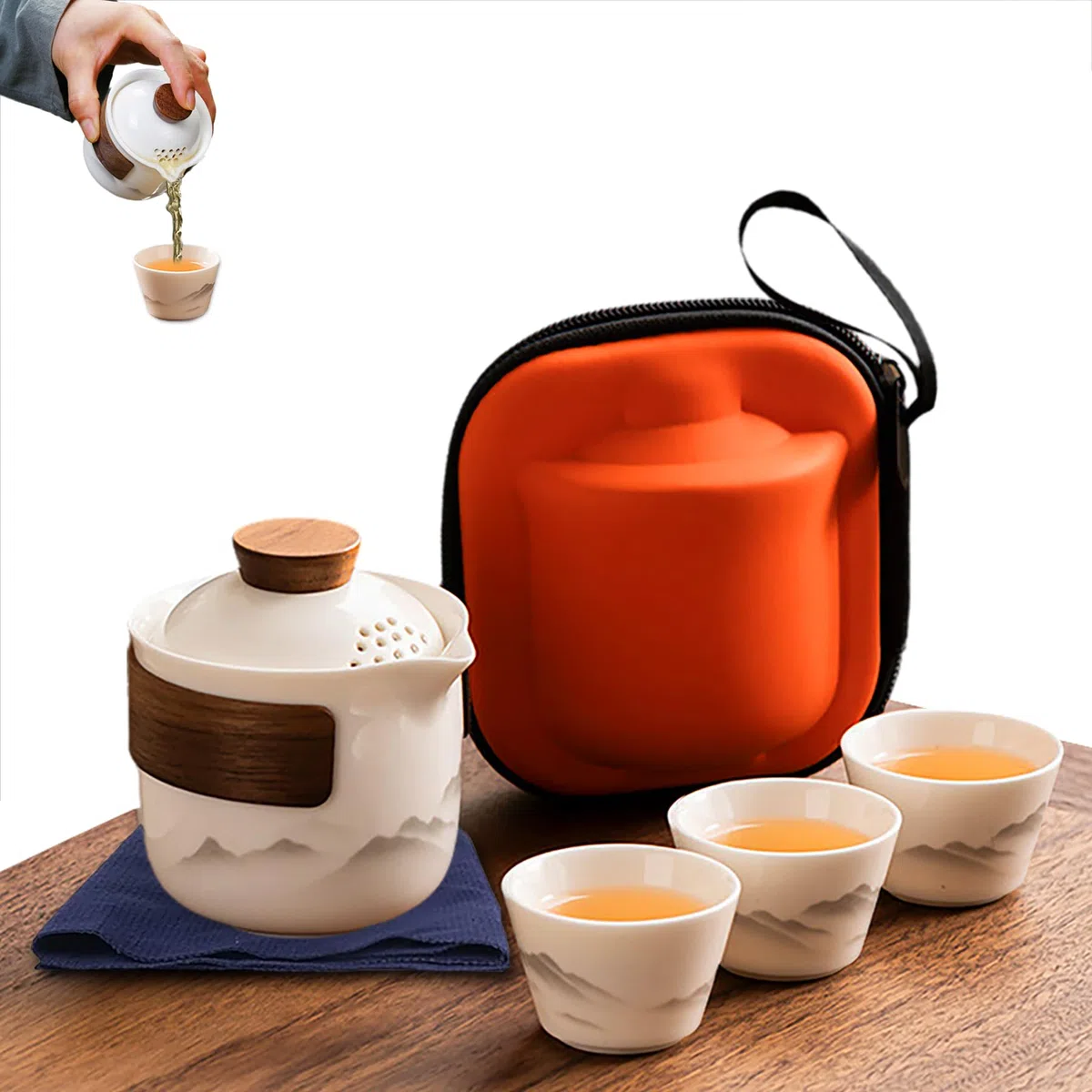 Juego de té chino Gongfu de porcelana, juego de tetera de cerámica portátil, mini bolsa de viaje portátil todo en uno para viajes, hogar, regalos, camping al aire libre, picnic y oficina, negocios