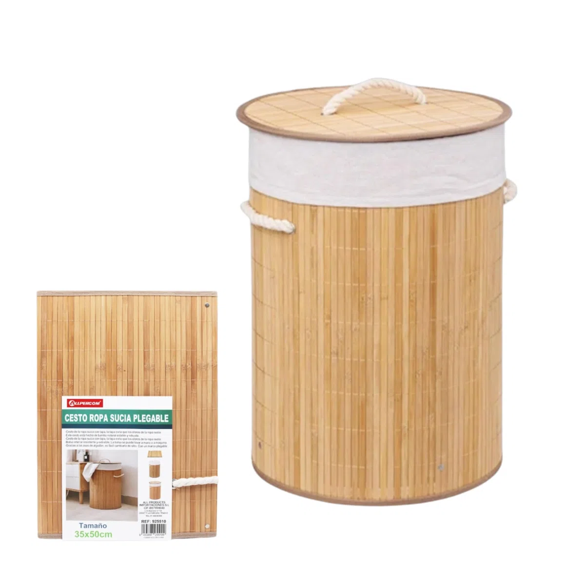 Cesto para Ropa Sucia de Bambú | con Tapa | Diseño plegable y Asas Laterales | Fácil Transporte | Bolsa Extraíble y Lavable | Ideal para Mantener el Hogar Organizado | Redondo 50cm-35cm