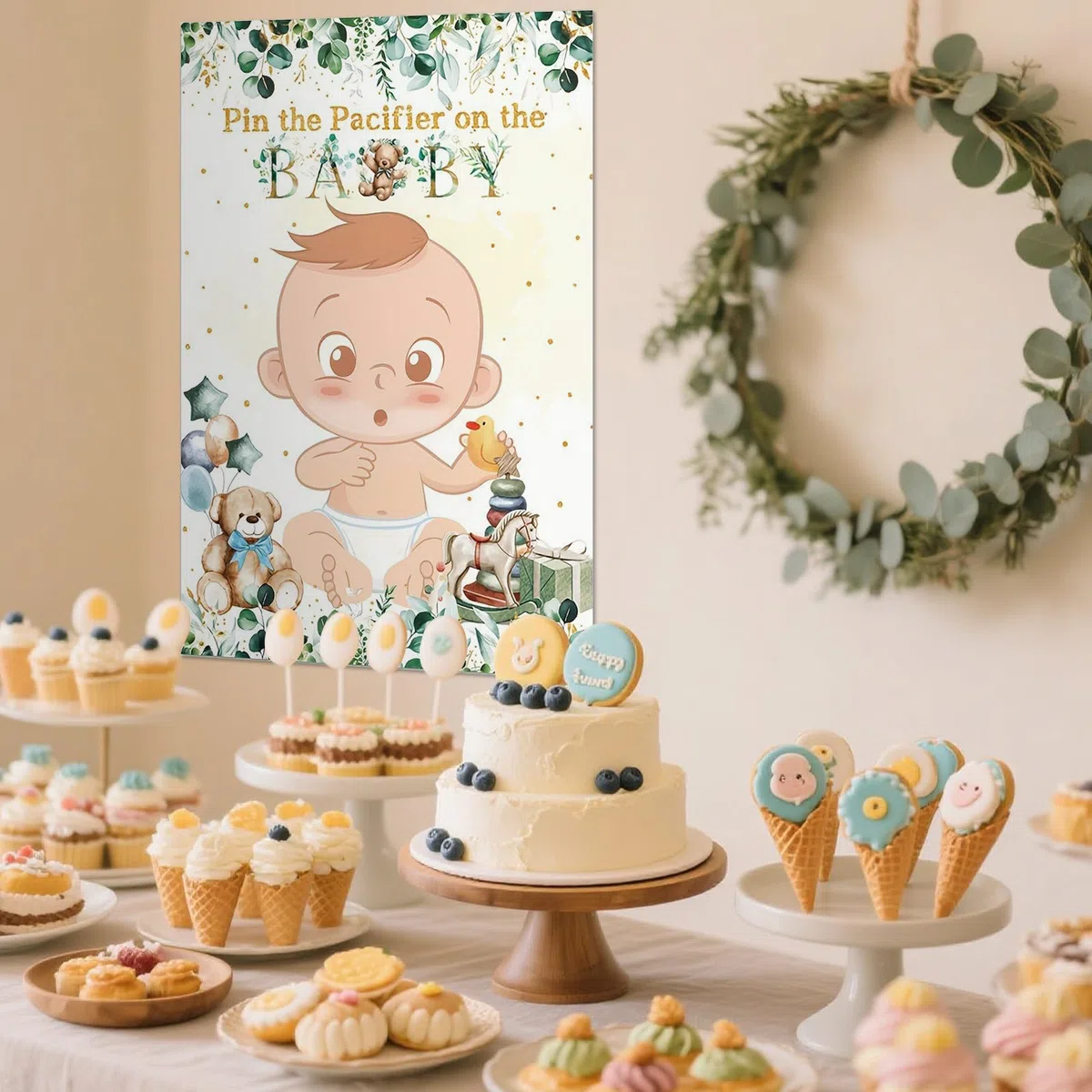 Juego de juegos de baby shower, póster con 2 vendas para los ojos y 24 calcomanías para chupete, decoración verde salvia