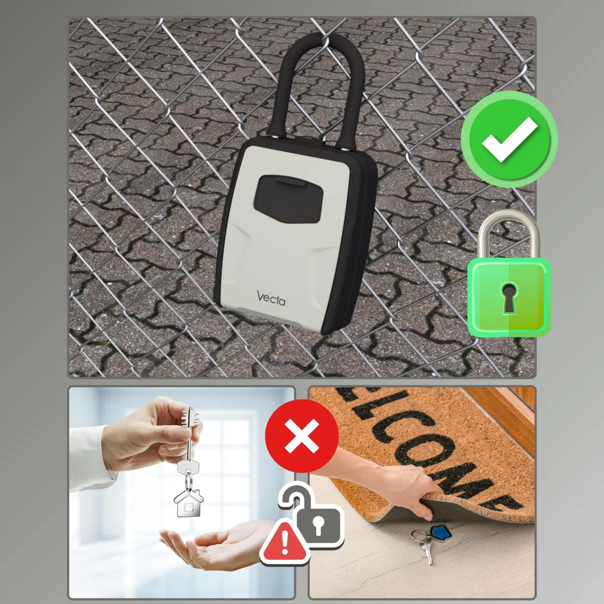 VECTA Caja Fuerte para Llaves con Asa Portátil – Código 4 Dígitos Aluminio Impermeable para 5 Llaves, Negro/Gris – Caja Llaves Pared y Colgante Casa, Airbnb, Garaje