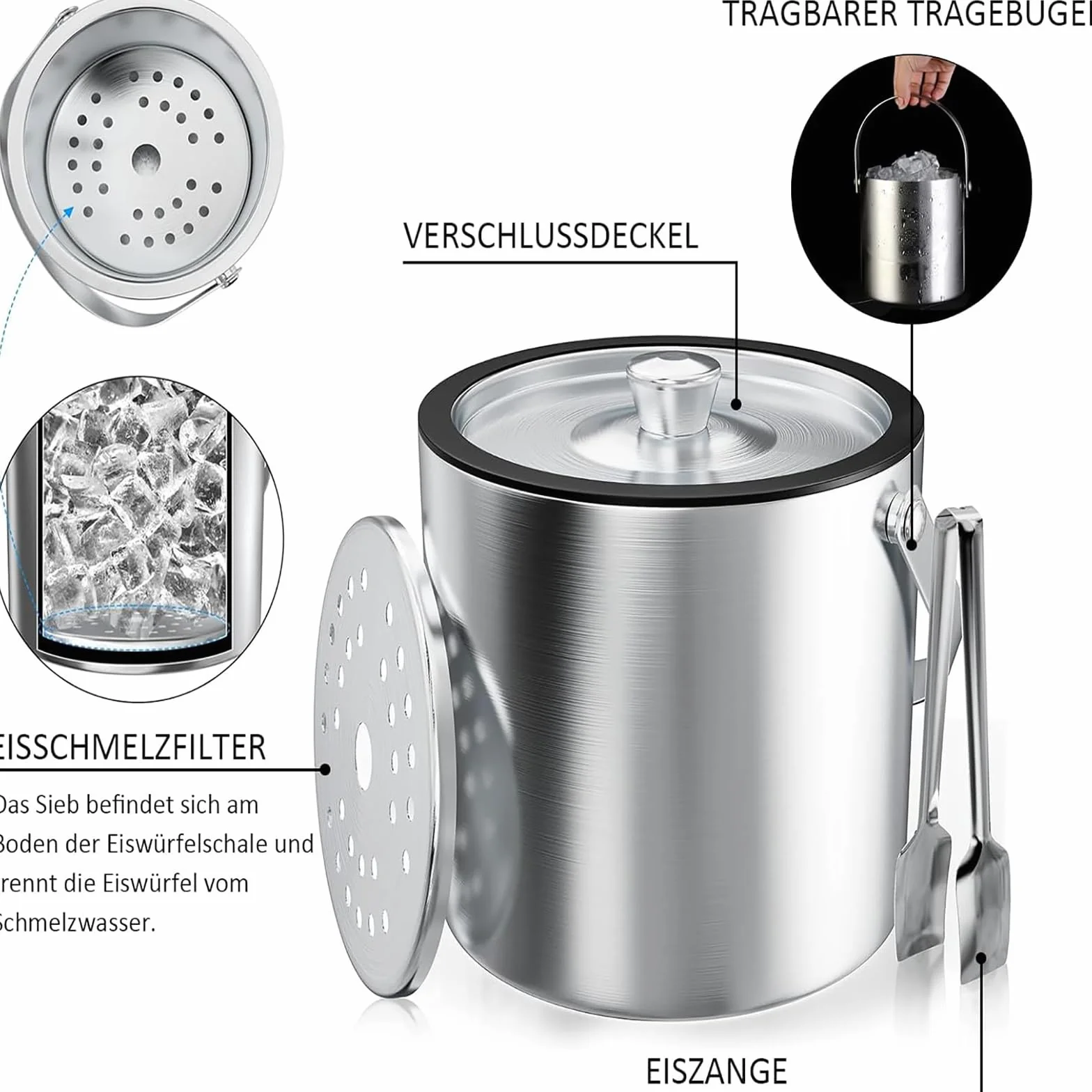 Cubitera, Cubitera Redonda con Tamiz y Pinzas Para Hielo, Recipiente Para Cubitos de Hielo de 2 Litros, Cubitera de Acero Inoxidable, Enfriador de Cubitos