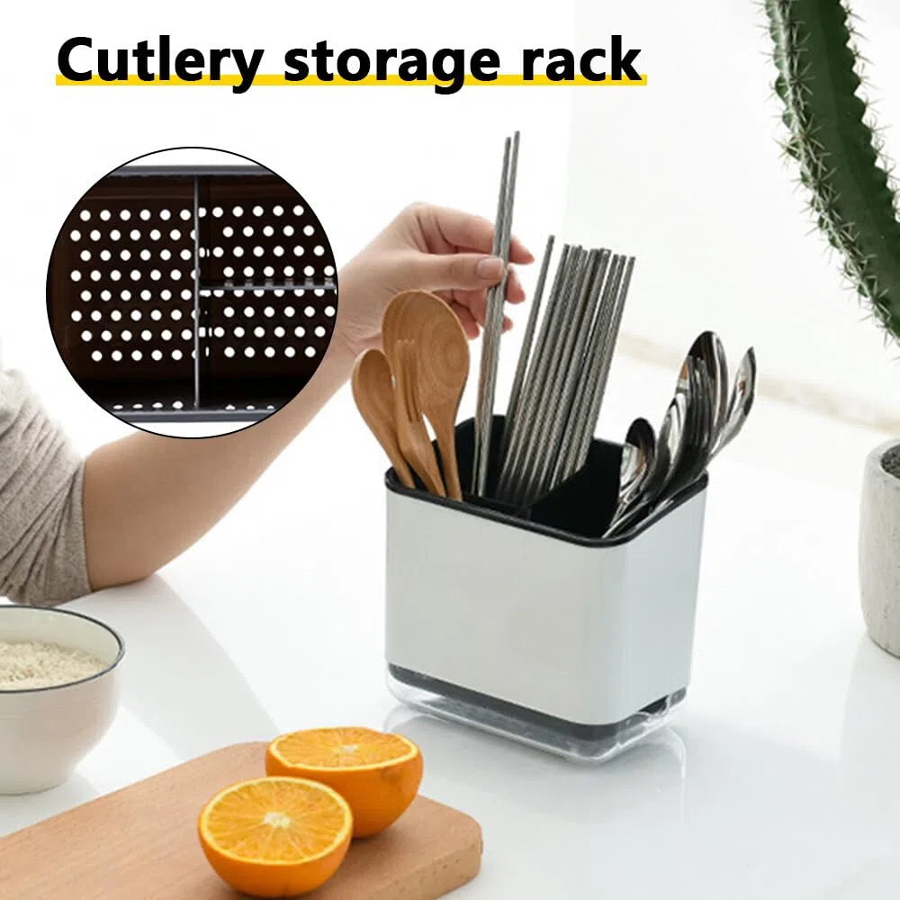 Escurridor de Cubiertos, Porta Utensilios de Cocina, Estante para Cubiertos Multifuncional de Almacenamiento de 3 Compartimentos para Escurrir Cubiertos (Negro)