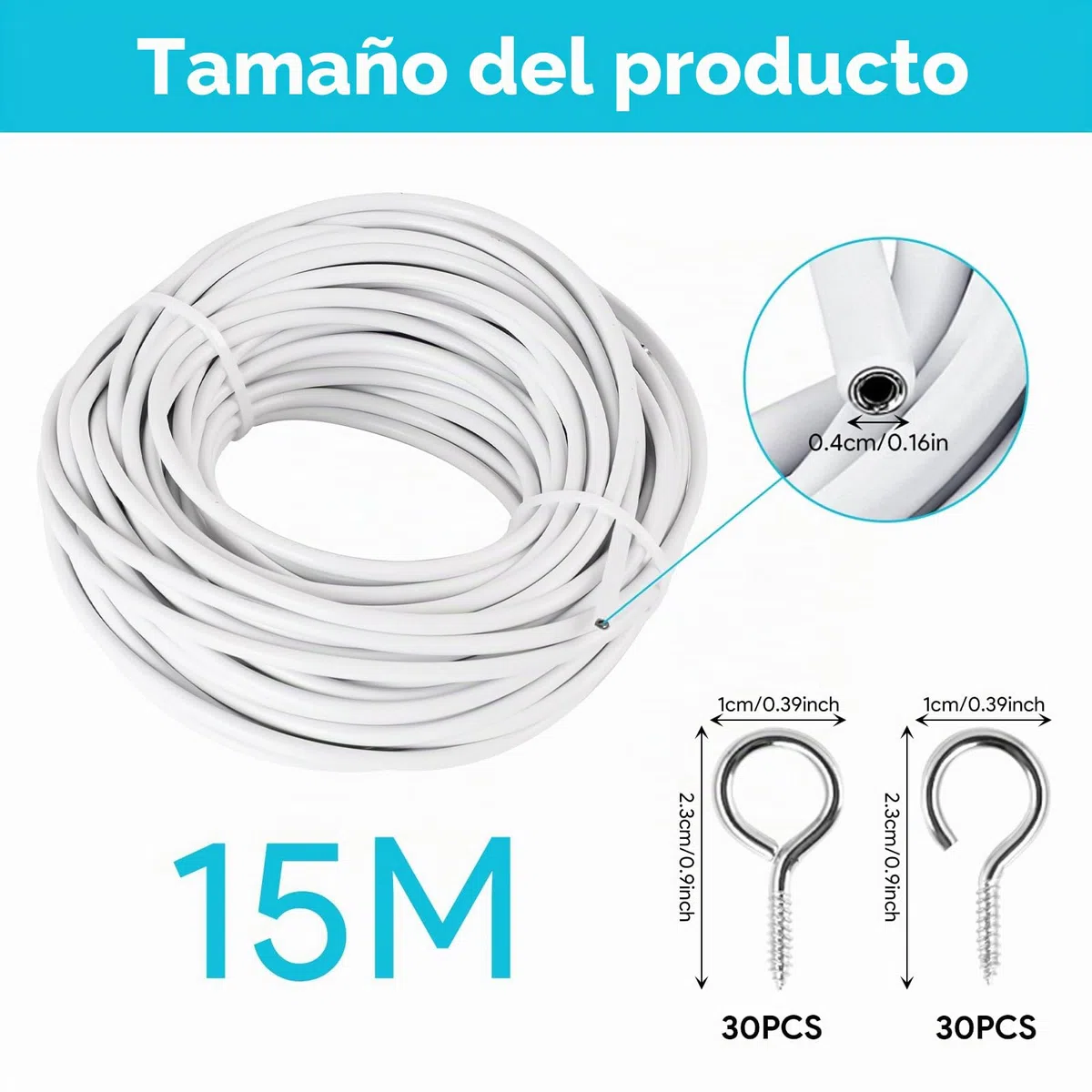 15M Alambre de Cortina, Blanco Gusanillo, Cuerdas con 30 Pares Ganchos Atornillables y Ojales, Cortinas Ducha, Tendederos