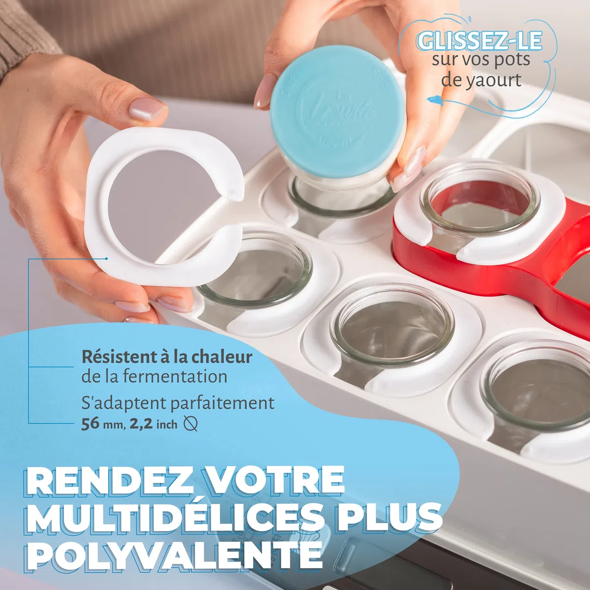 12 adaptadores para compatibilizar Sus tarros de Yogur de Cristal con la yogurtera SEB MULTIDELICES + 18 Tapas herméticas | Fieltro Gratuito