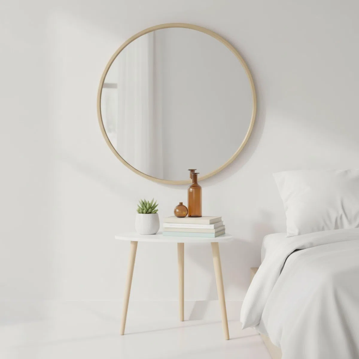 INDE MOBLEKIT | Mesa Auxiliar Madera Blanca 38,5 cm con 3 Patas, Mesita Auxiliar Salón Dormitorio, Mesa de Noche Estilo Nórdico para Sofá, Cama o Rincón, Mesas Auxiliares para Hogar Moderno