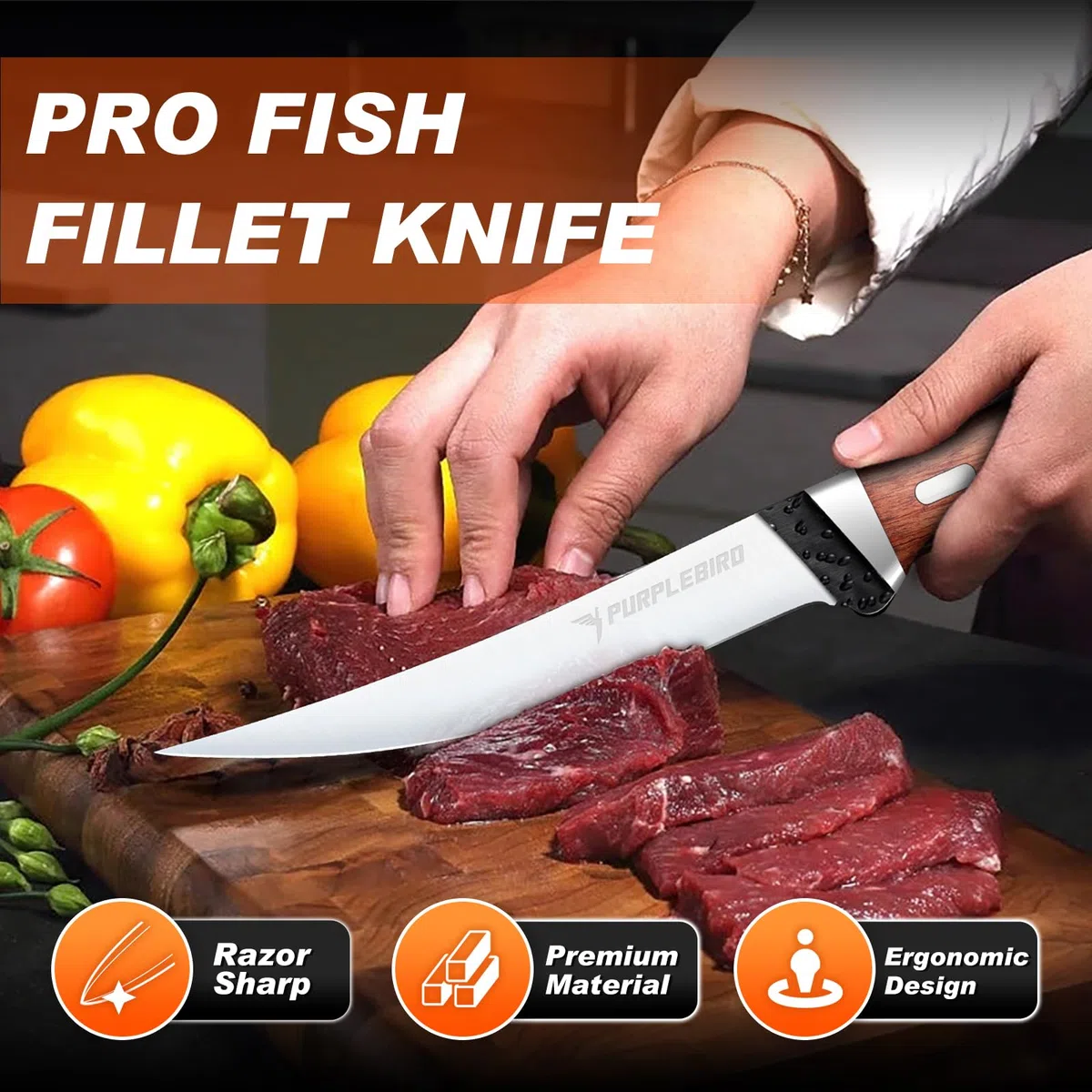 PURPLEBIRD Cuchillo de Filete Profesional, 15cm Cuchillo Deshuesar está Equipado con una Hoja de Acero Inoxidable, Cortar Carne con Mango Ergonómico de Madera