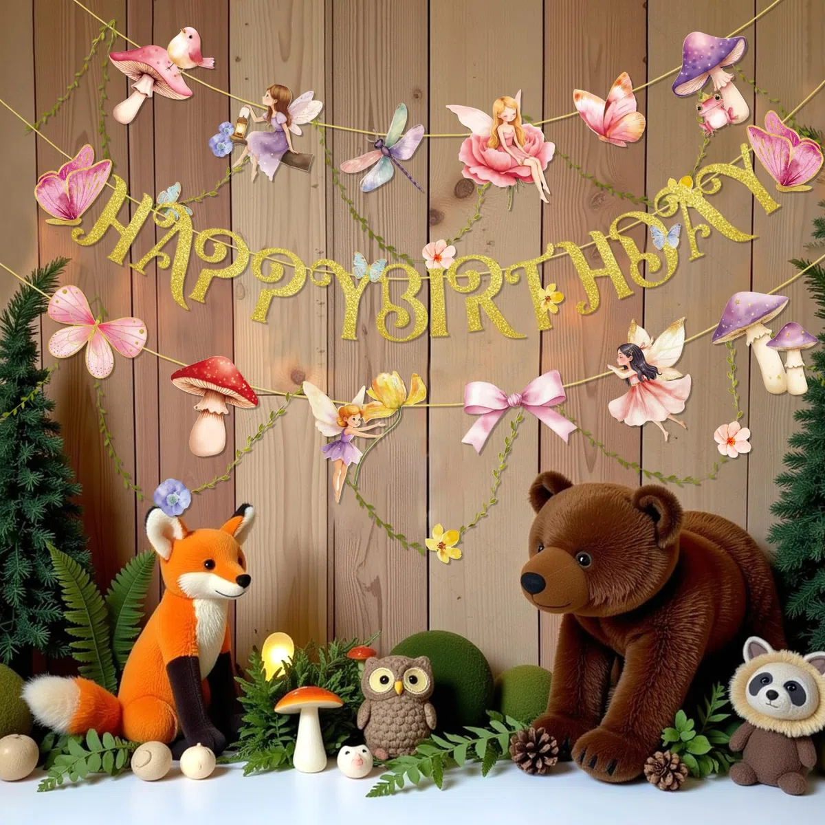 SUNBEAUTY Happy Birthday Girlande Rosa Hadas Cumpleaños Decoración Flores Guirnalda Mariposas Decoración para Cumpleaños Infantiles Jardín Fiesta Decoración Primavera Verano Decoración Interior