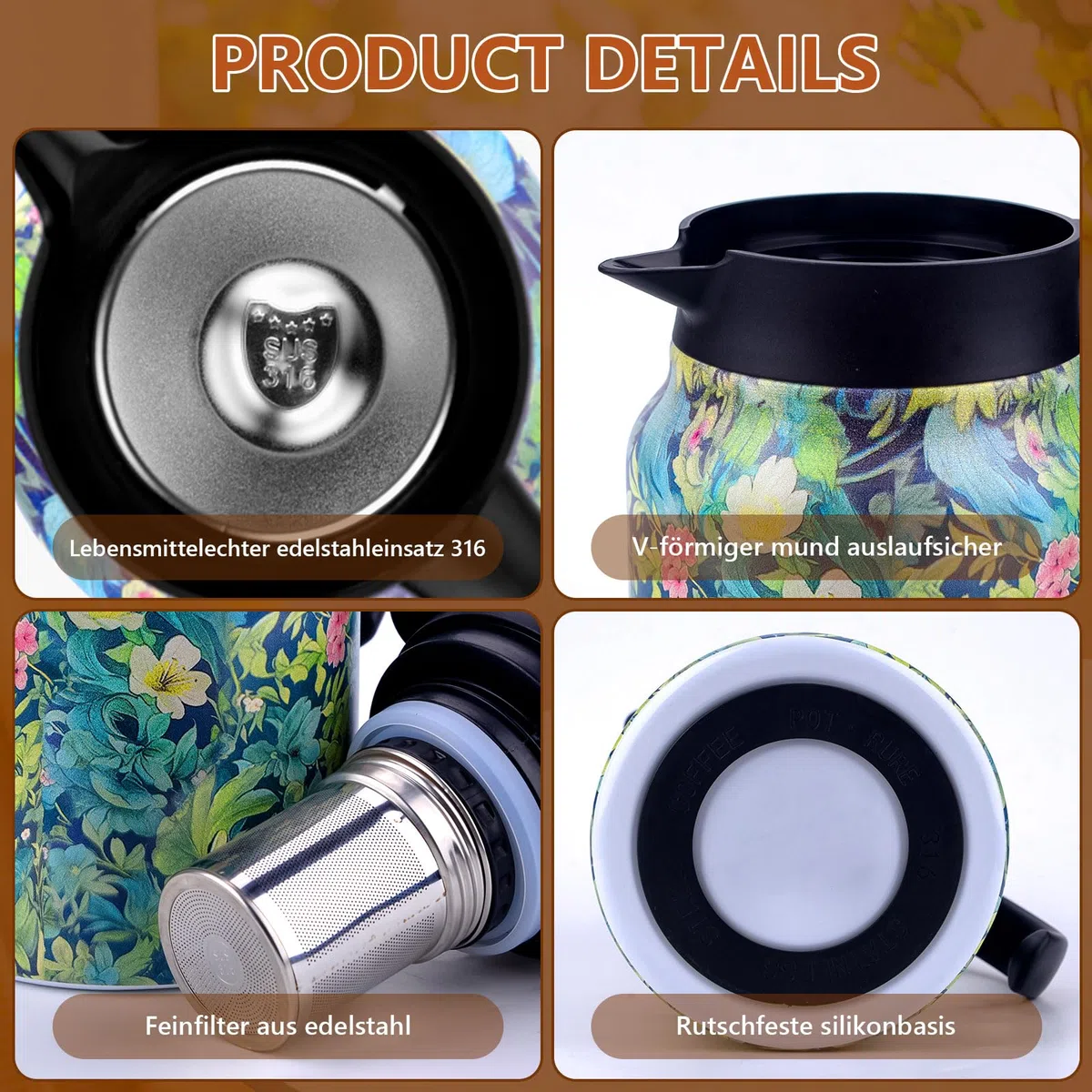 Termo vintage con estampado floral de 1000 ml y colador, jarra térmica de acero inoxidable 316, tetera aislada para cocina, hogar y apartamento