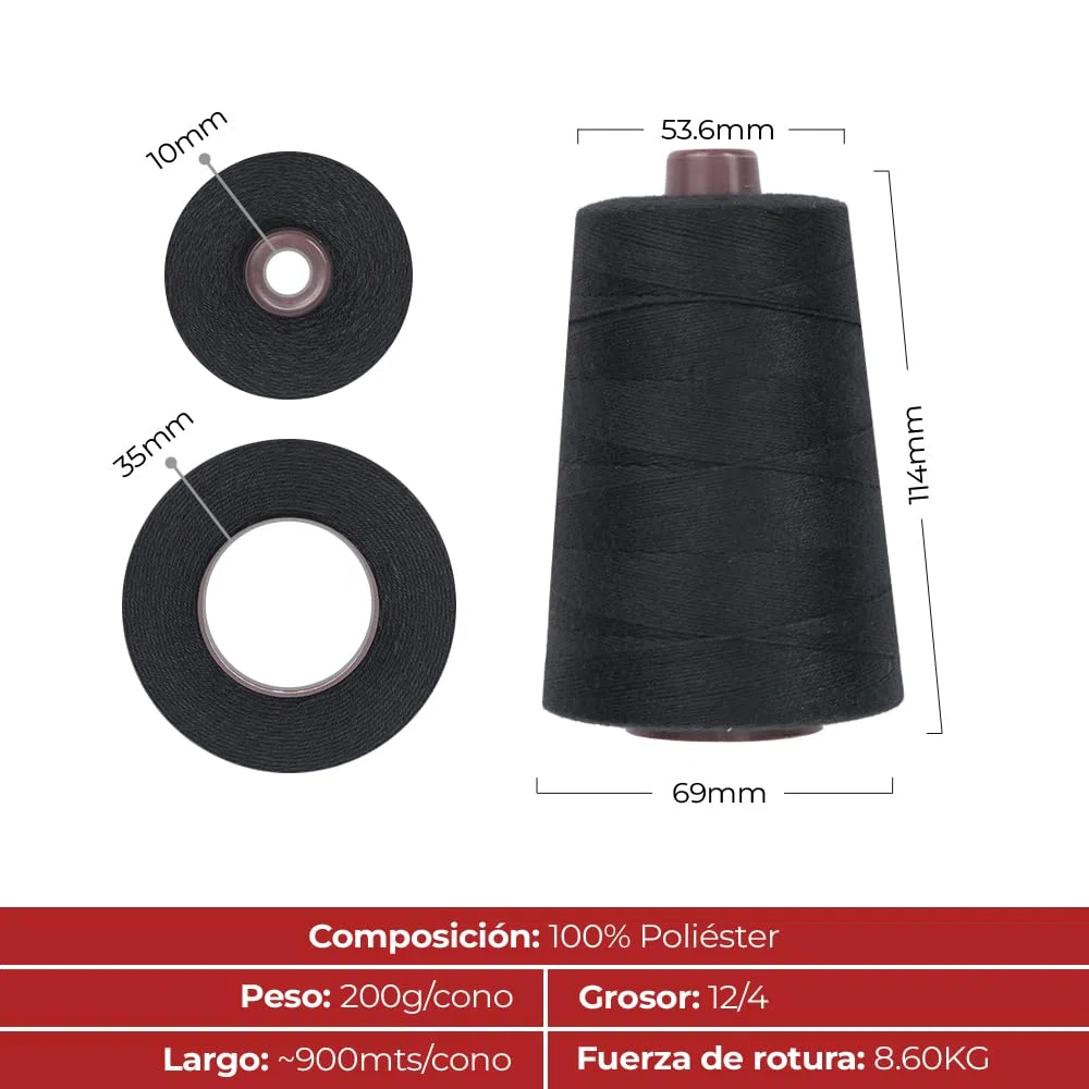 RHINO Pack de 5 Bobinas de Hilo para Máquinas de Coser Sacos | Conos de Poliéster 12/4 200g para Cerradoras de Costales de Alta Resistencia | Aptos para el Contacto Alimentario (Negro)