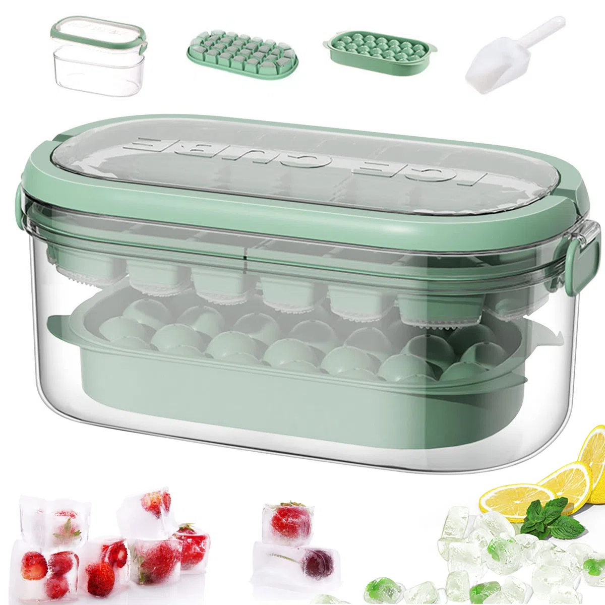 Cubiteras para Hielo de Silicona con tapa y recipiente, Moldes redondos y cuadrados de 54 piezas + pala - Perfectos para Bebidas y Congelador