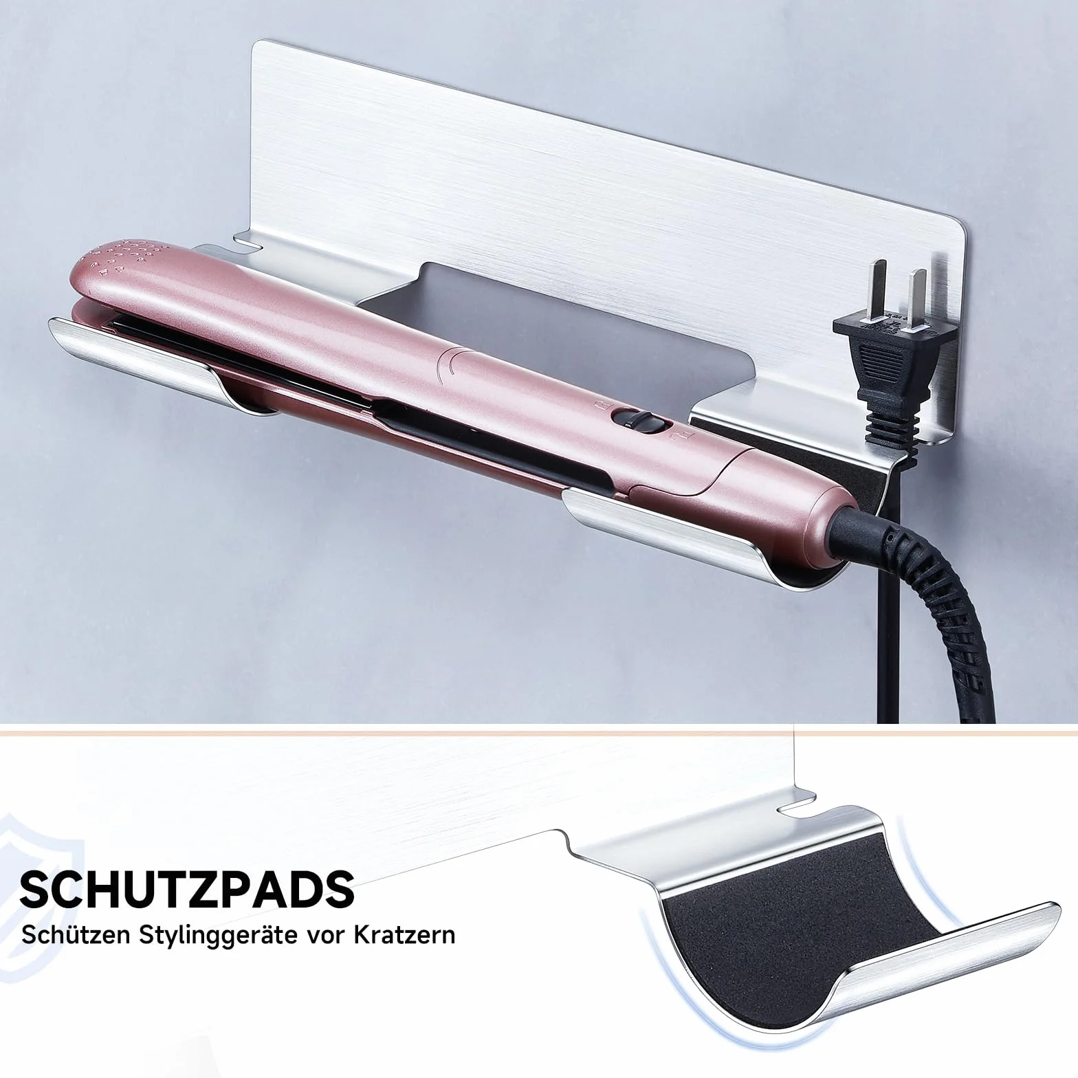 Soporte para Secador y Plancha de Pelo de Pared, Sin Taladrar, para Rizadores y Alisadores, Plata