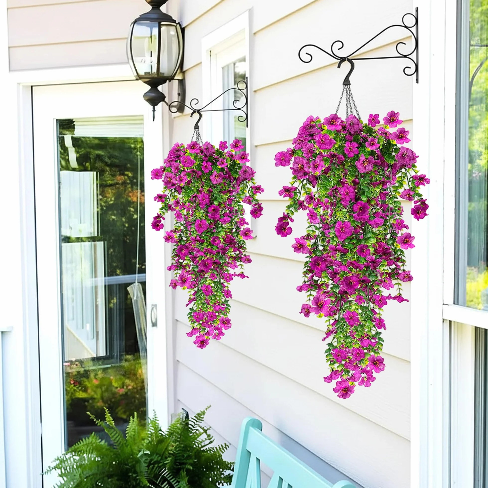 4 Piezas de Flores Artificiales Colgantes Exteriores, 77cm A Los Rayos UV Resistentes Artificiales Plantas para Jardines, Balcones, Patio, Paredes, Inicio Cocina Decoración (Morado)