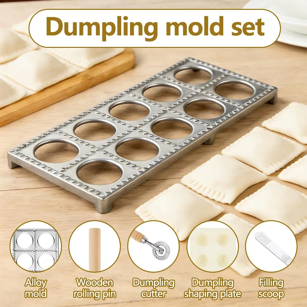 4 unidades de raviolis de aluminio con 12 agujeros, moldeador de bolas de masa con rodillo de madera para hacer raviolis, espátulas de carne para raviolis, albóndigas