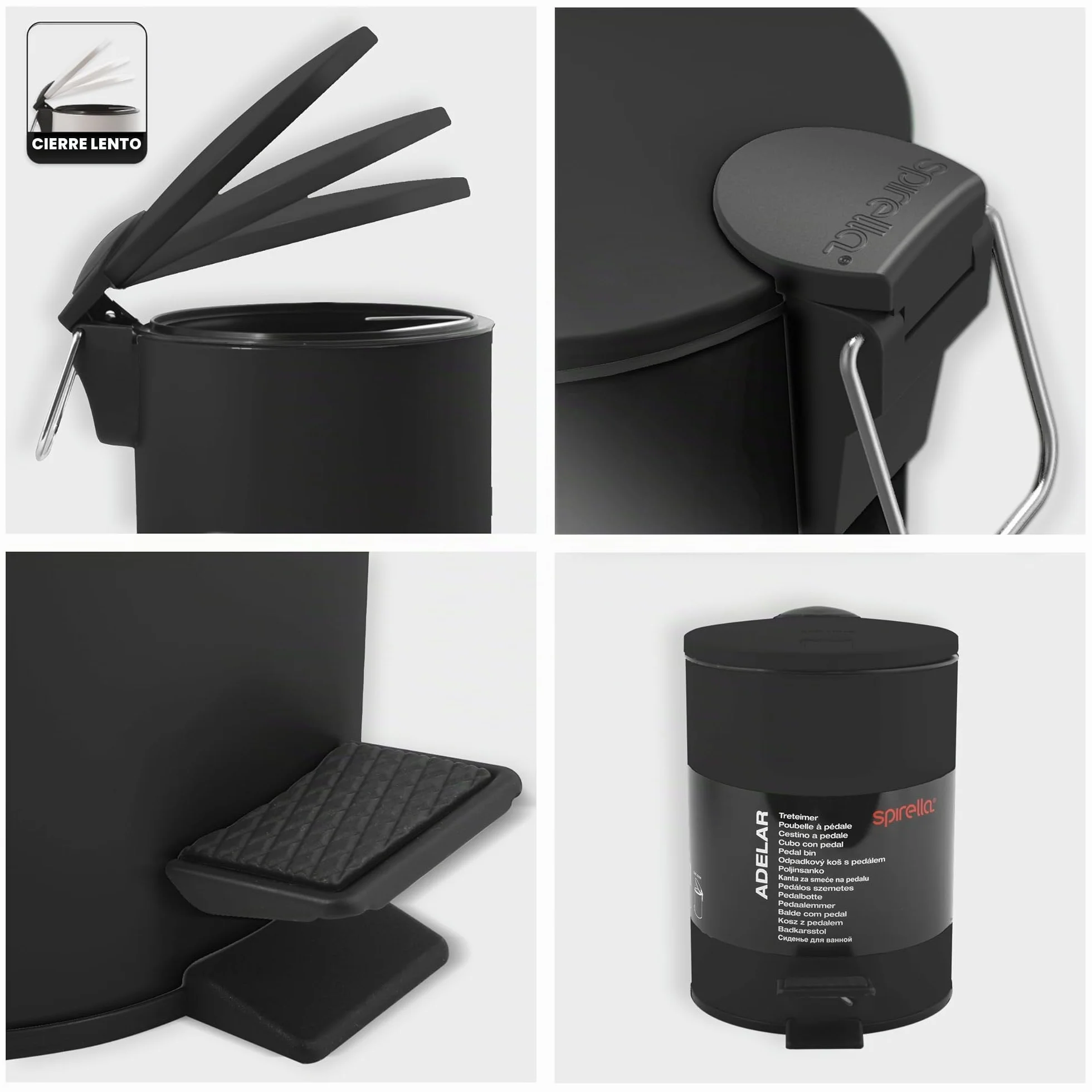 Spirella - Papelera de pedal Adelar - Acero mate - Cierre lento y silencioso - Revestimiento antihuellas - Diseño moderno y elegante - Negro mate - 3 L